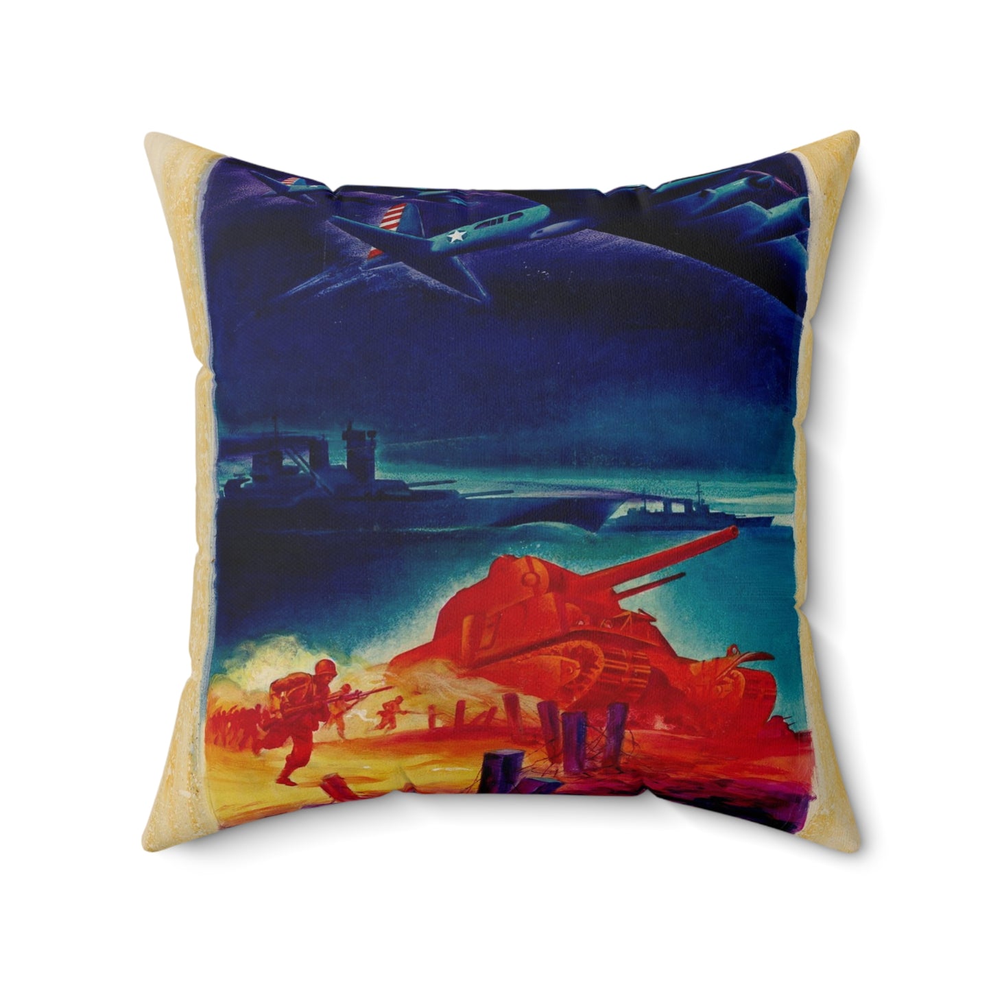[Infantry, tanks, ships, airplanes attacking] [R.G.] Decorative Accent Square Pillow