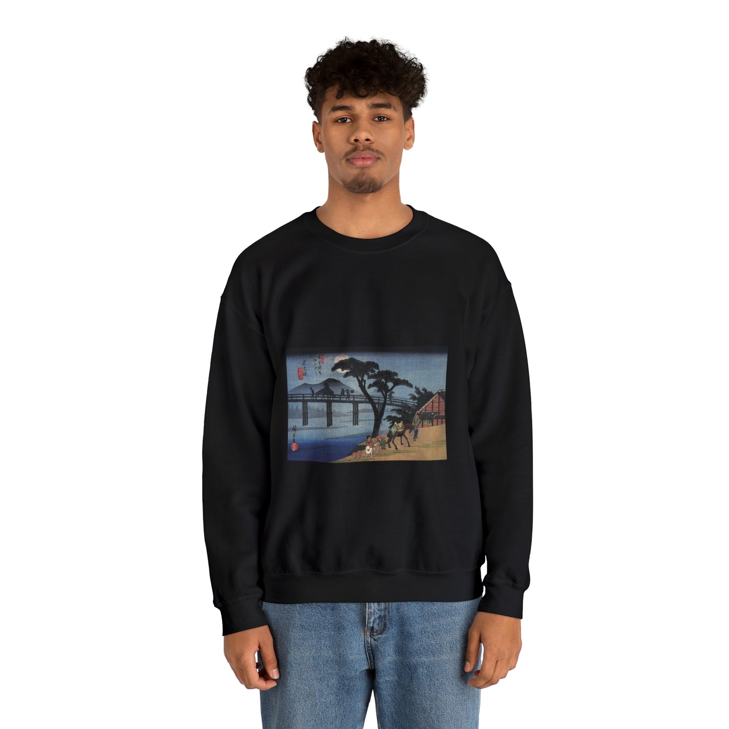 Hiroshige Man on horseback crossing a bridge Black Heavy Blend Adult Crew Neck SweatShirt