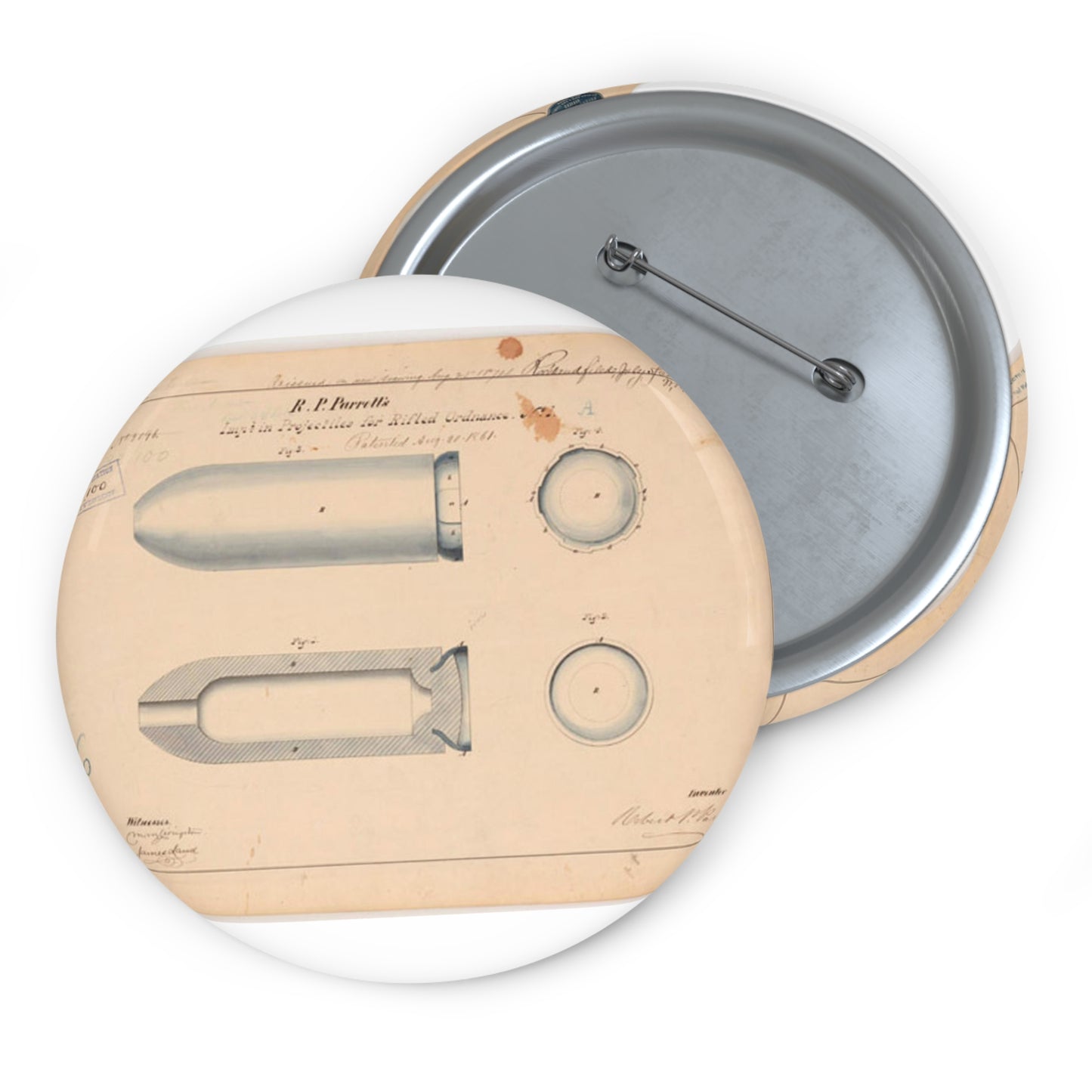 Patent drawing - Drawing of Improvement in Projectiles for Rifled Ordnance Public domain  image Pin Buttons with Crisp Design