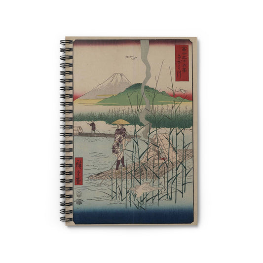 18 - The Sagami River - A painting of a man standing on a boat in a body of water Spiral Bound Ruled Notebook with Printed Cover