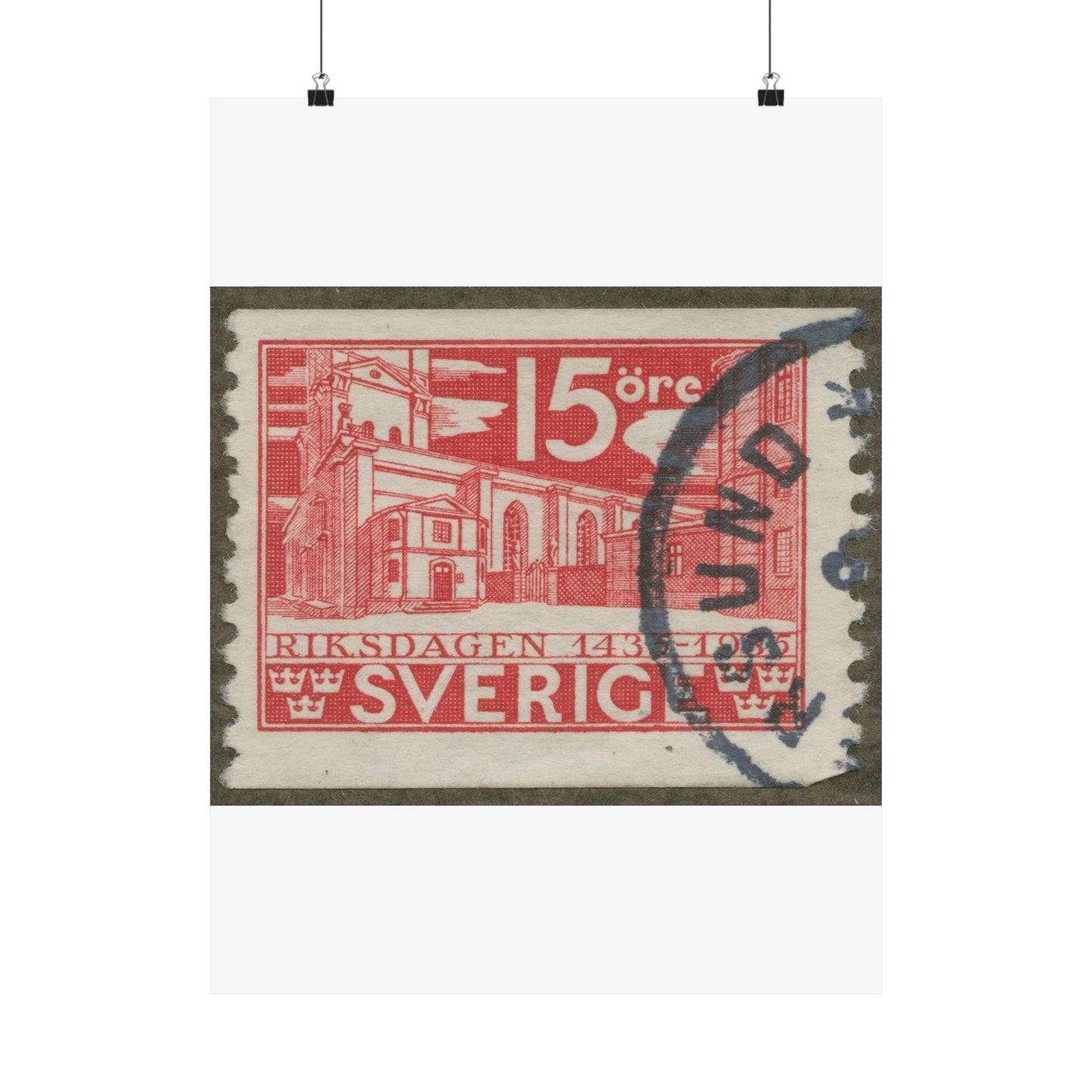 Frimärke ur Gösta Bodmans filatelistiska motivsamling, påbörjad 1950.Frimärke från Sverige. Motiv av Storkyrkan i Stockholm. "Den svenska riksdagen 500 år 1435-1935". High Quality Matte Wall Art Poster for Home, Office, Classroom