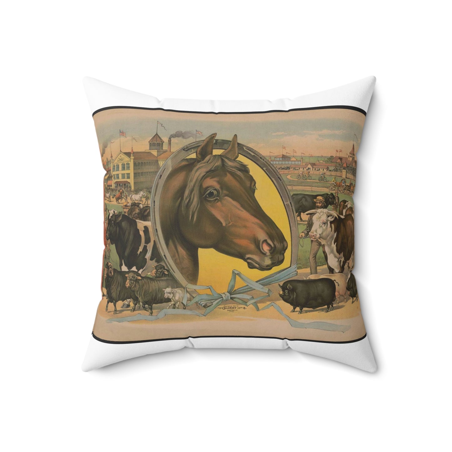 Horse framed by a horseshoe with fair buildings and a racetrack in the background Decorative Accent Square Pillow