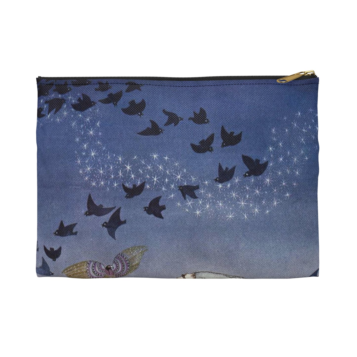 ‘No sooner had he whistled than he heard a whizzing and a whirring from all quarters, and such a large flock of birds swept down that they blackened all the field in which they settled’ (6278219321) Large Organizer Pouch with Black Zipper