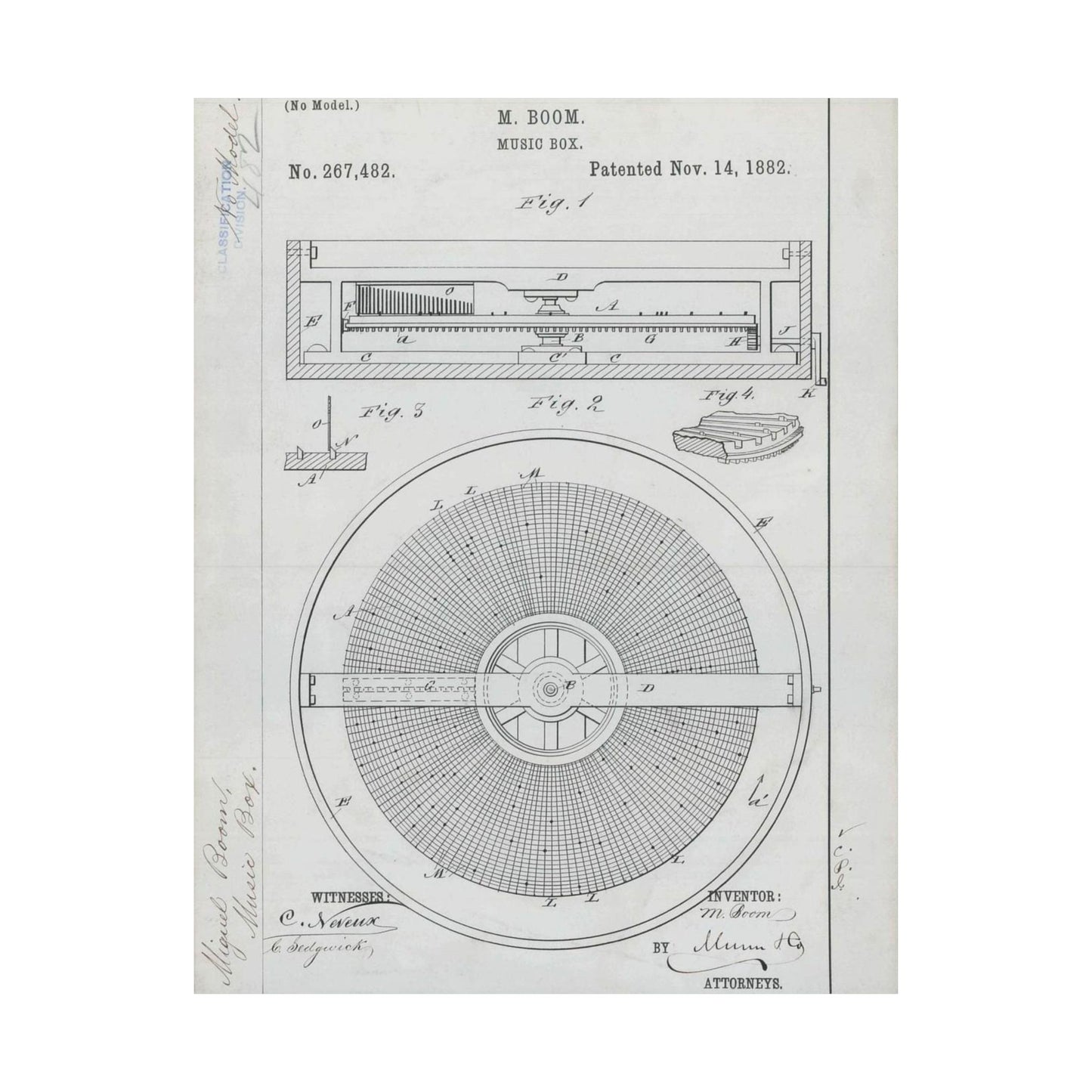 Patent Drawing of Engine - for M. Boom's Music Box Public domain  image High Quality Matte Wall Art Poster for Home, Office, Classroom