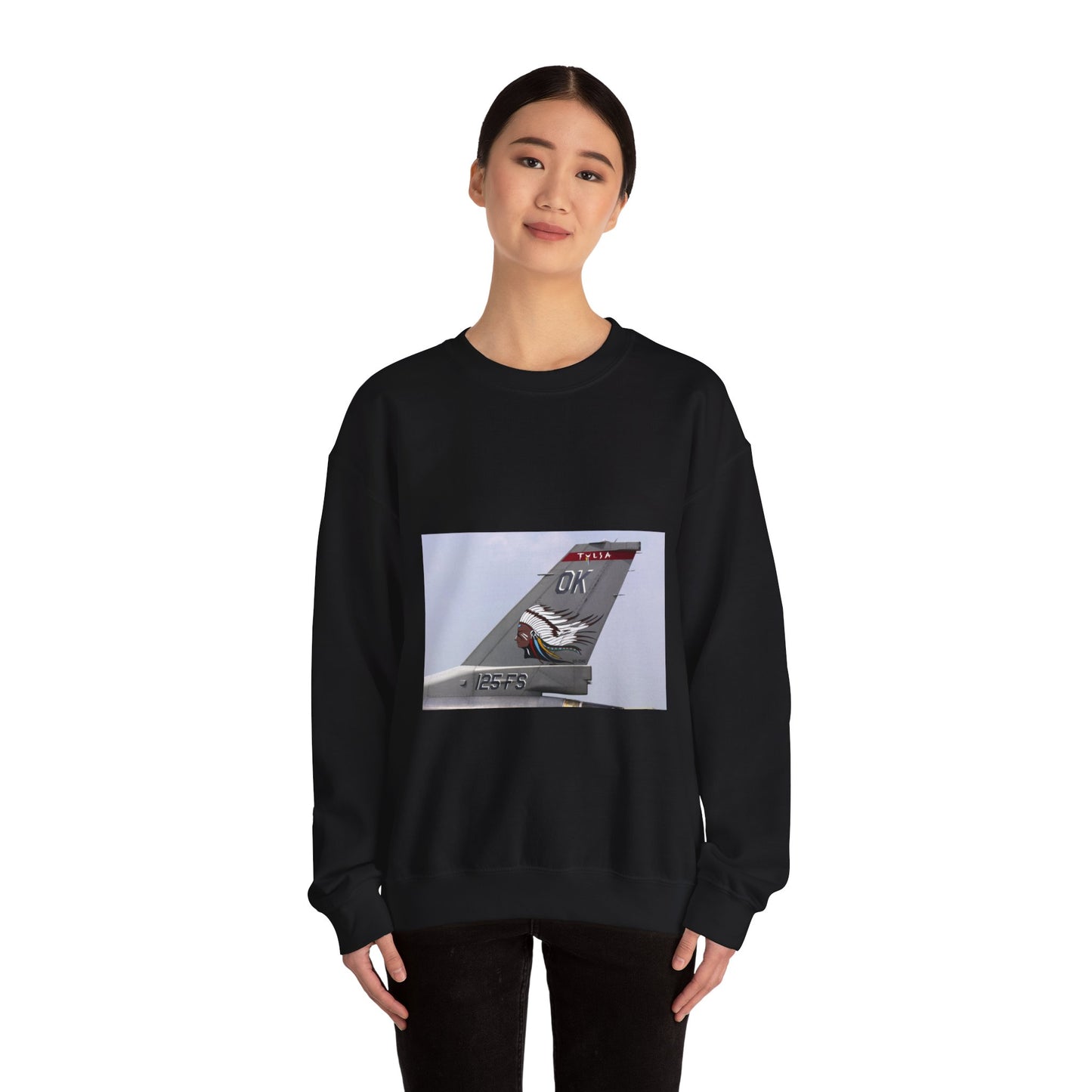 The tail flash of a F-16 Fighting Falcon aircraft from the 125th Fighter Squadron (FS), 138th Fighter Wing (FW), Oklahoma (OK), Air National Guard (ANG) Black Heavy Blend Adult Crew Neck SweatShirt