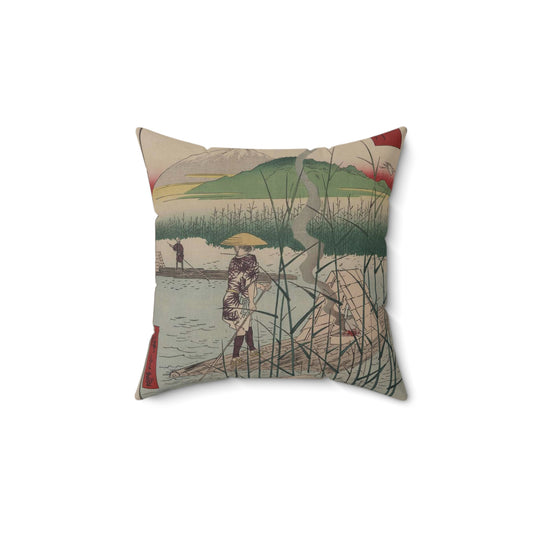 18 - The Sagami River - A painting of a man standing on a boat in a body of water Decorative Accent Square Pillow