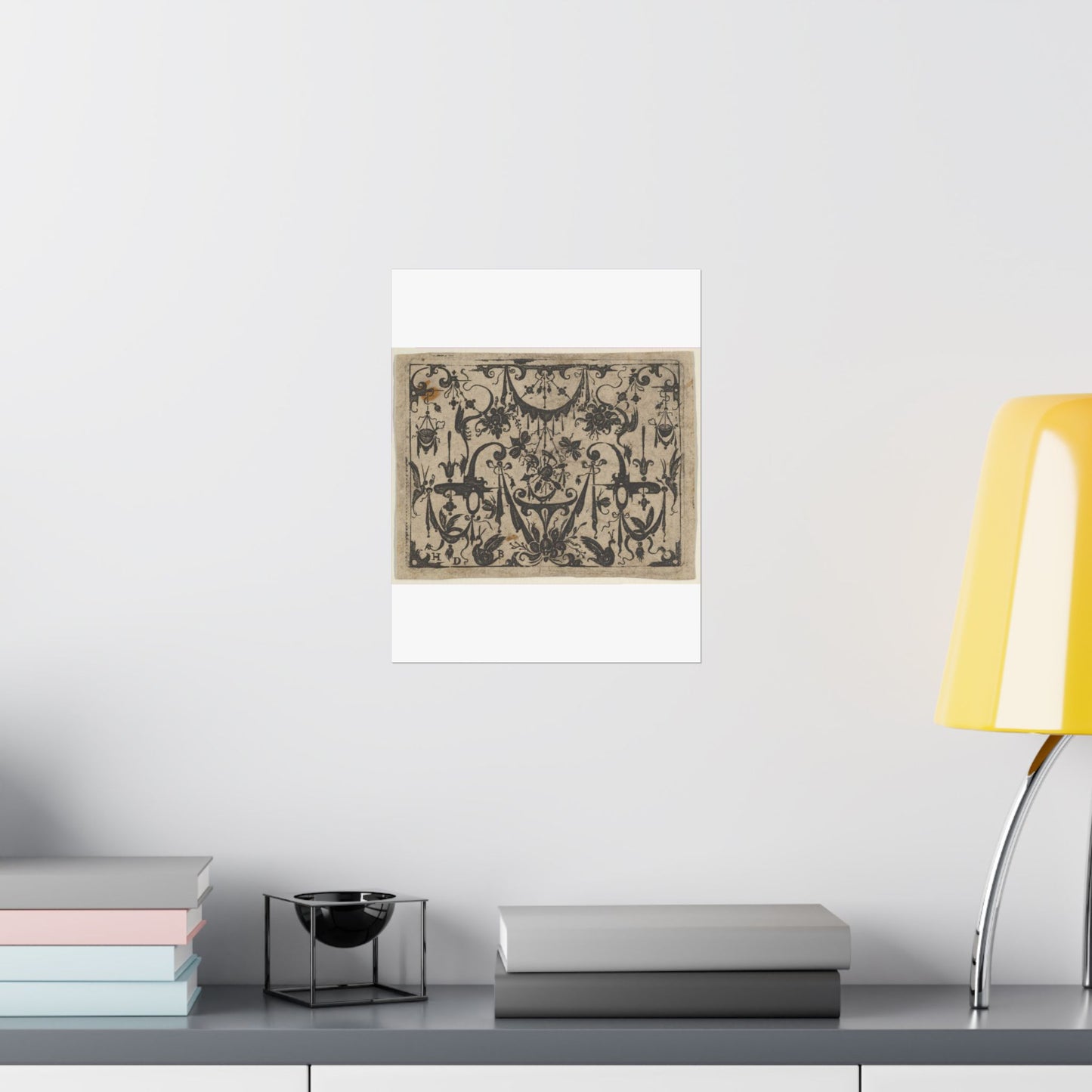 Blackwork Print with a Trophy at Center Surrounded by Grotesques and Swag Drapery High Quality Matte Wall Art Poster for Home, Office, Classroom