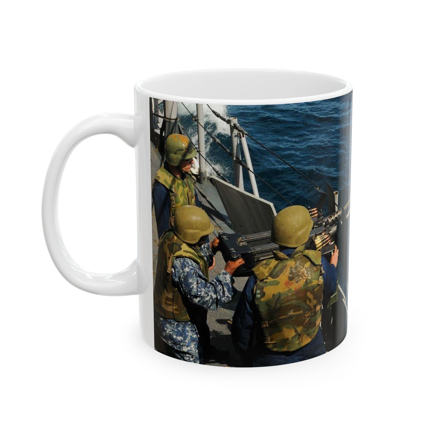 US Navy 110514-N-YM590-214 Gunner's Mate 2nd Class Charles H. Talbert fires a .50-caliber machine gun during a crew-served weapons certification ex Beautiful Novelty Ceramic Coffee Mug 11oz