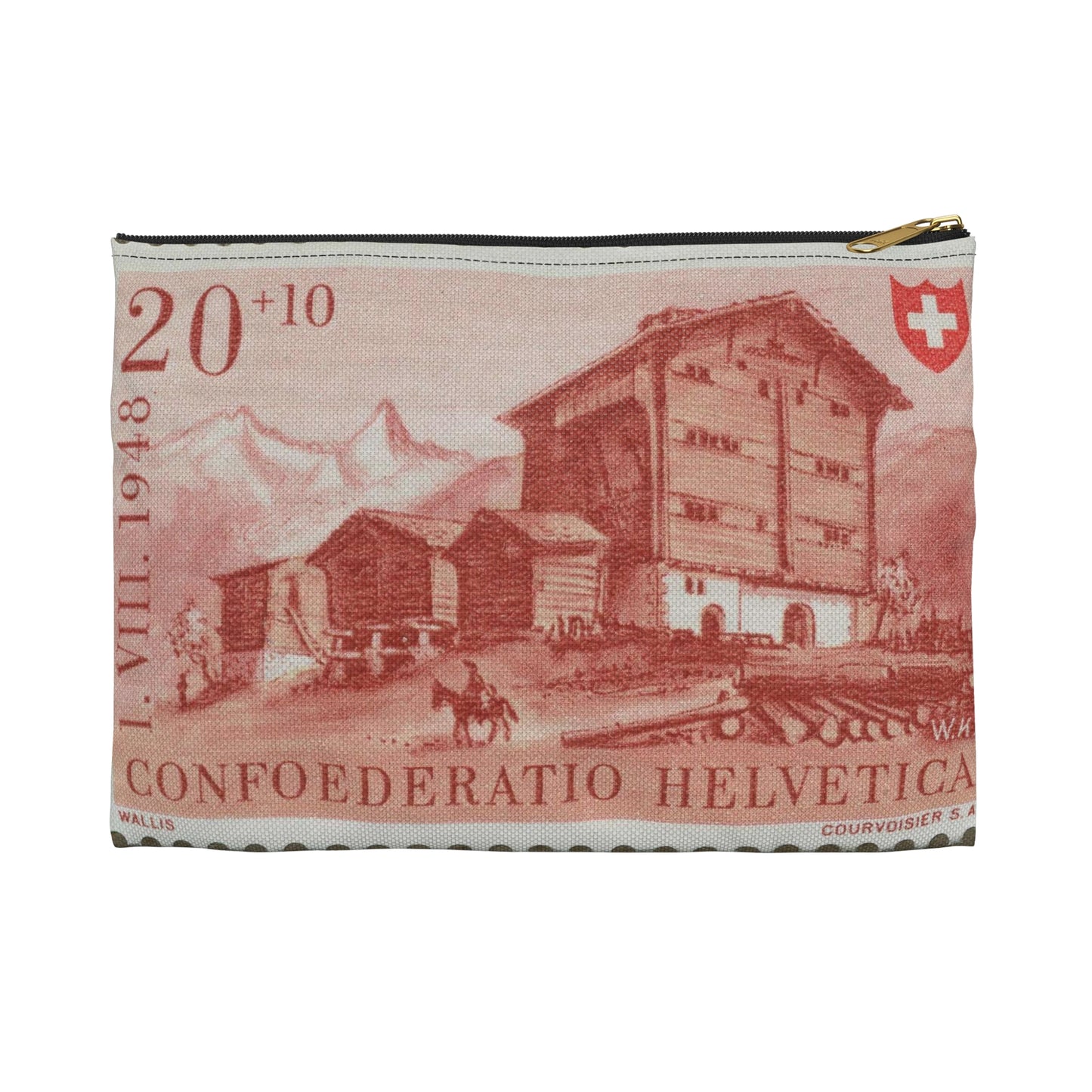 Frimärke ur Gösta Bodmans filatelistiska motivsamling, påbörjad 1950.Frimärke från Schweiz, 1948. Motiv av typisk byggnad i Wallis, 1948-08-01. Large Organizer Pouch with Black Zipper