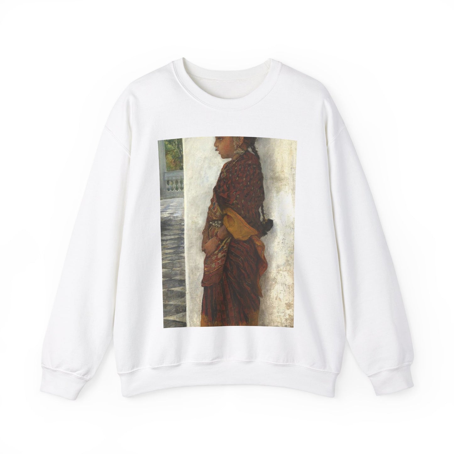 Hermann Linde - Girl standing in a veranda wearing a Pochampalli sari (ca.1895) White Heavy Blend Adult Crew Neck SweatShirt