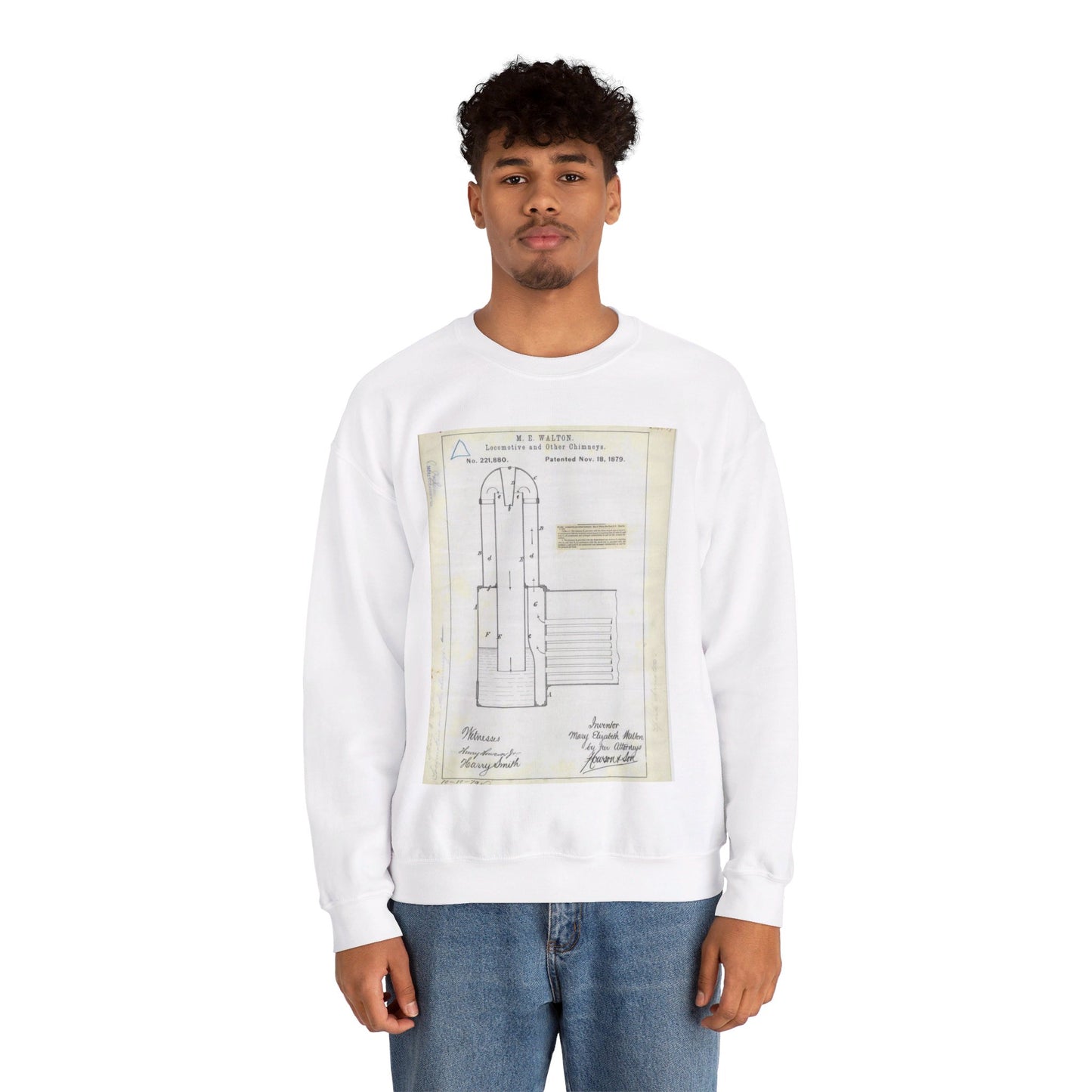 Patent Drawing of Engine - for M. E. Walton's Locomotive and Other Chimneys Public domain  image White Heavy Blend Adult Crew Neck SweatShirt