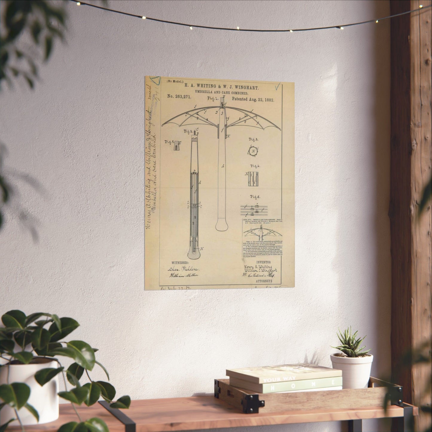 Patent drawing - for H. A. Whiting and W. J. Winghart's Umbrella and Cane Combined Public domain  image High Quality Matte Wall Art Poster for Home, Office, Classroom