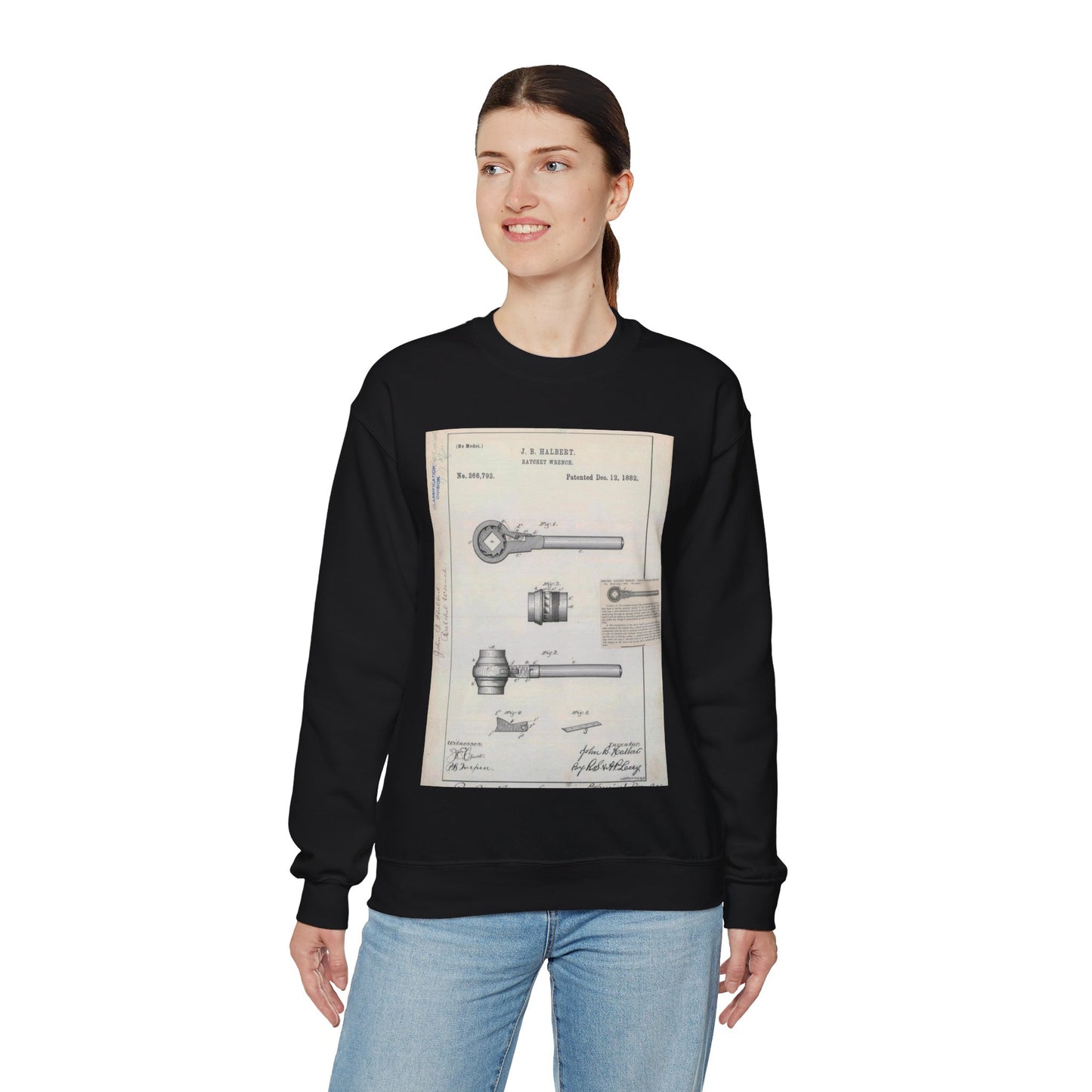 Patent Drawing of Engine - for J. B. Halbert's Ratchet Wrench Public domain  image Black Heavy Blend Adult Crew Neck SweatShirt