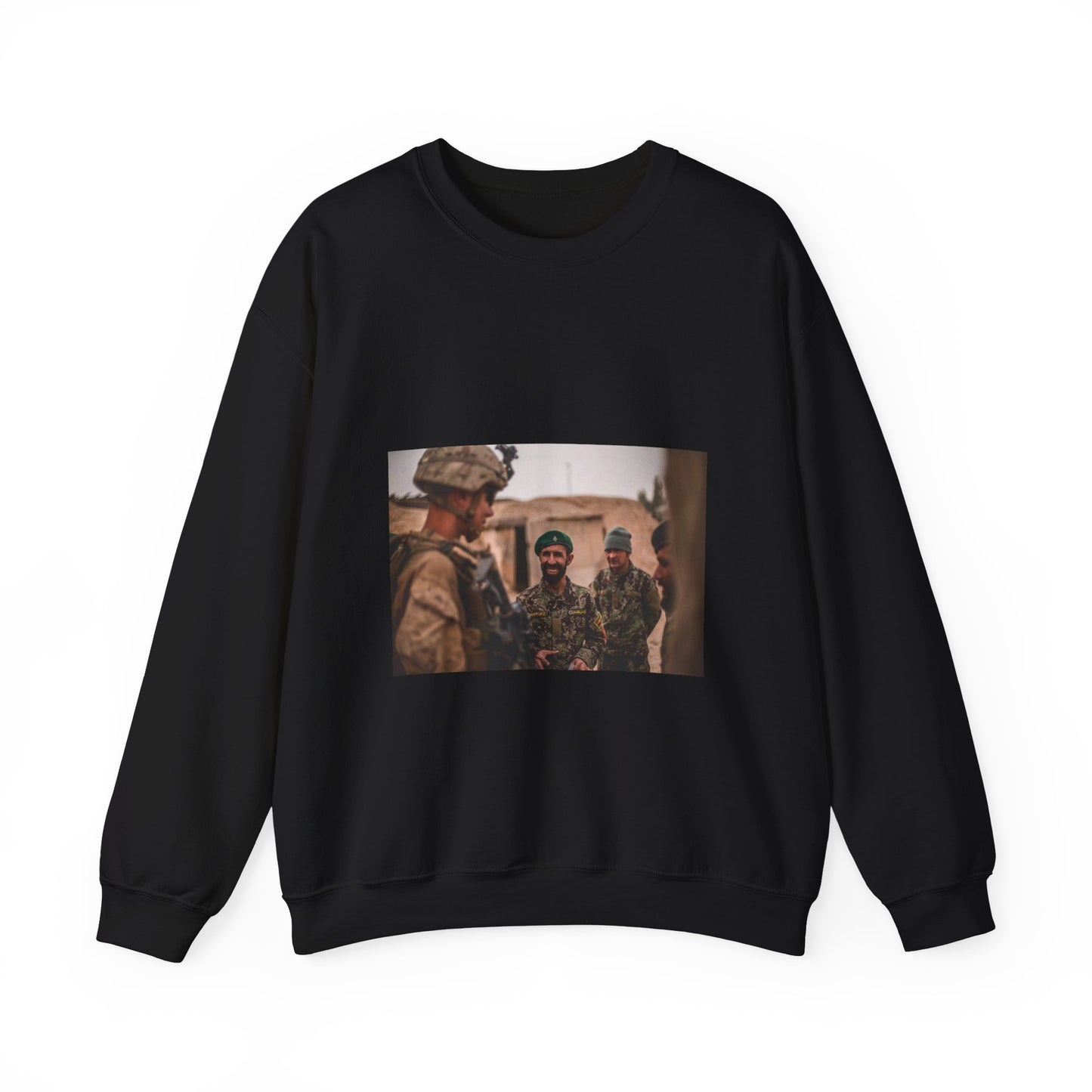 A U.S. Marine with Task Force Southwest (TFSW) converses Black Heavy Blend Adult Crew Neck SweatShirt