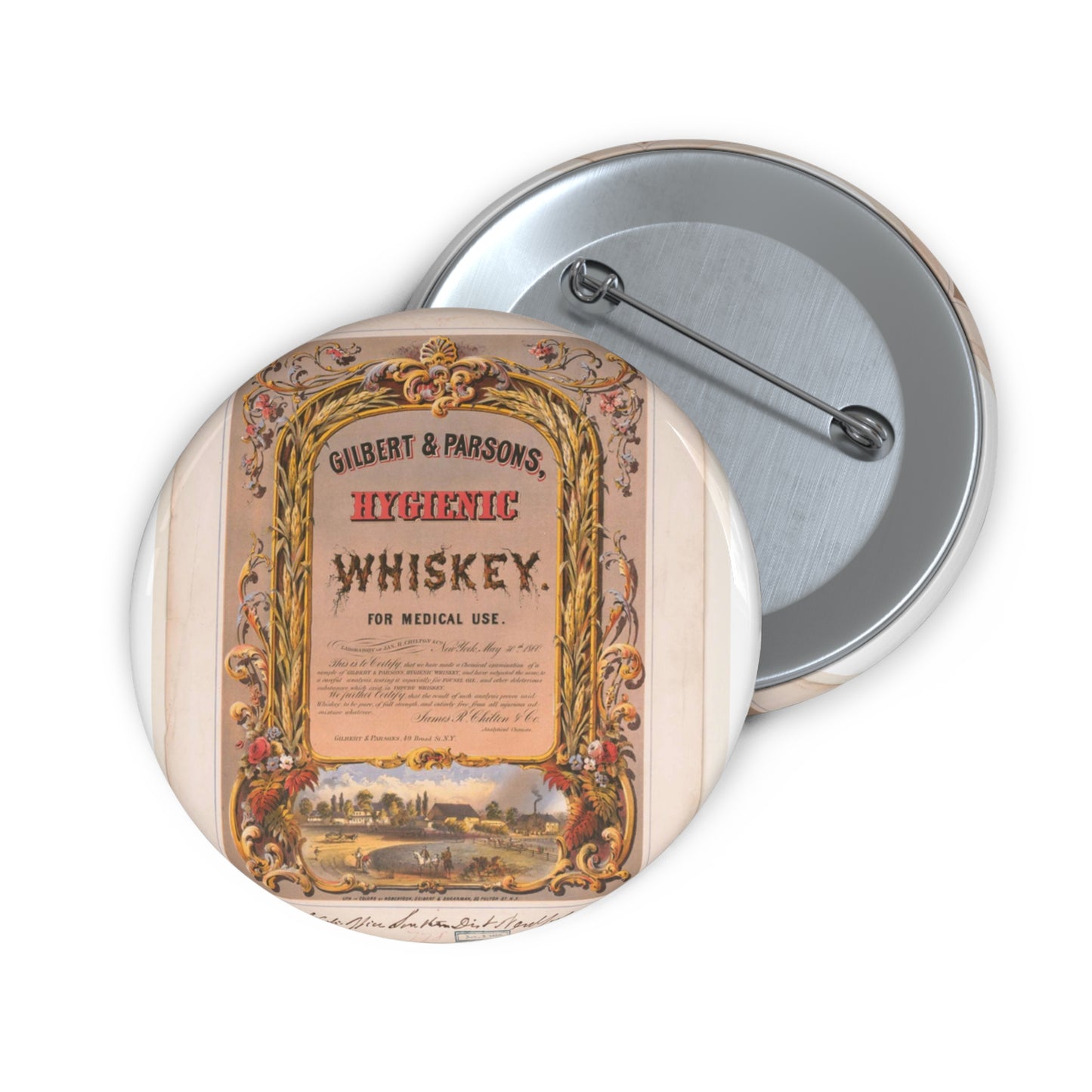 Gilbert & Parsons, hygienic whiskey--for medical use / lith. in colors by Robertson, Seibert & Shearman, N.Y. Pin Buttons with Crisp Design