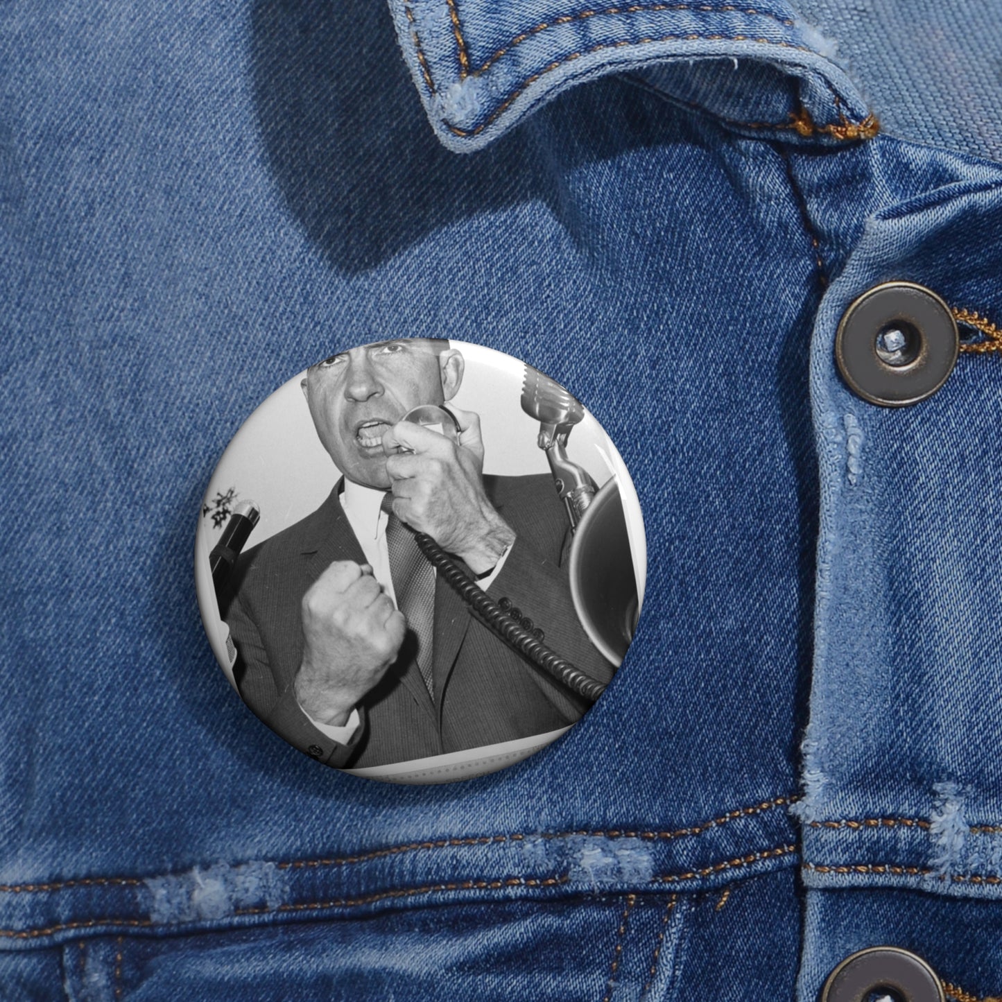 Richard Nixon clinches his fist as he addresses his first audience in Long Island, New York Pin Buttons with Crisp Design