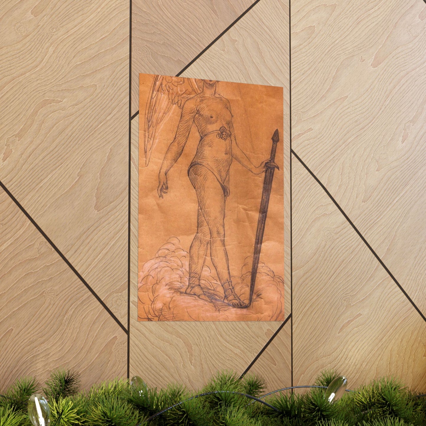 A drawing of an angel holding a sword. Woman breasts sword, beauty fashion. High Quality Matte Wall Art Poster for Home, Office, Classroom