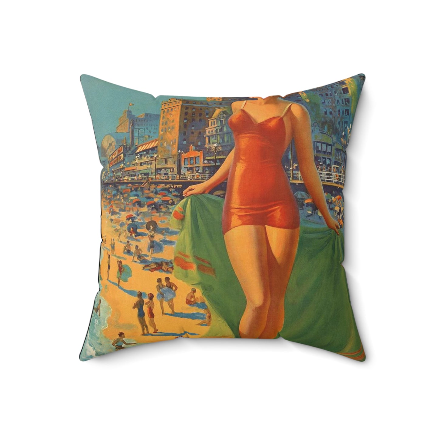 Atlantic City— America’s All-Year Resort, Pennsylvania Railroad, painting by Edward Mason Eggleston Decorative Accent Square Pillow