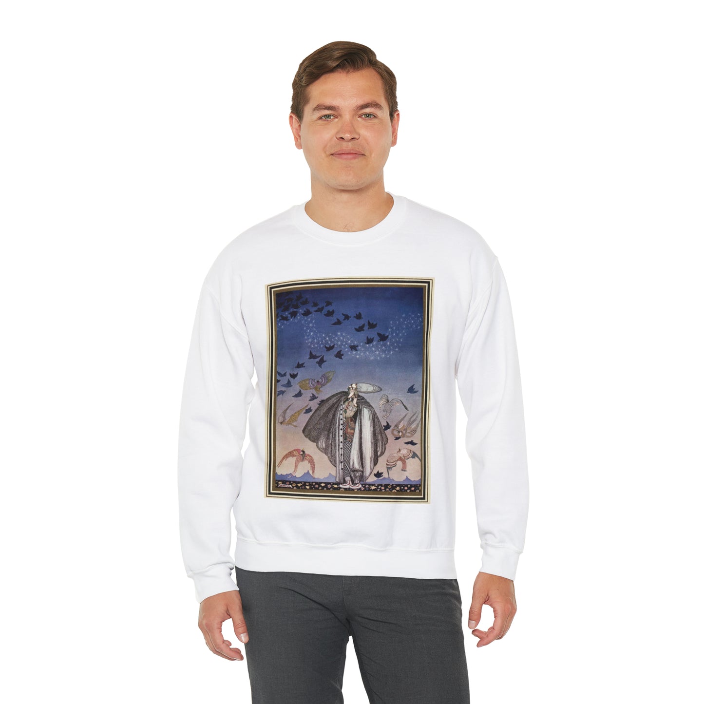 ‘No sooner had he whistled than he heard a whizzing and a whirring from all quarters, and such a large flock of birds swept down that they blackened all the field in which they settled’ (6278219321) White Heavy Blend Adult Crew Neck SweatShirt