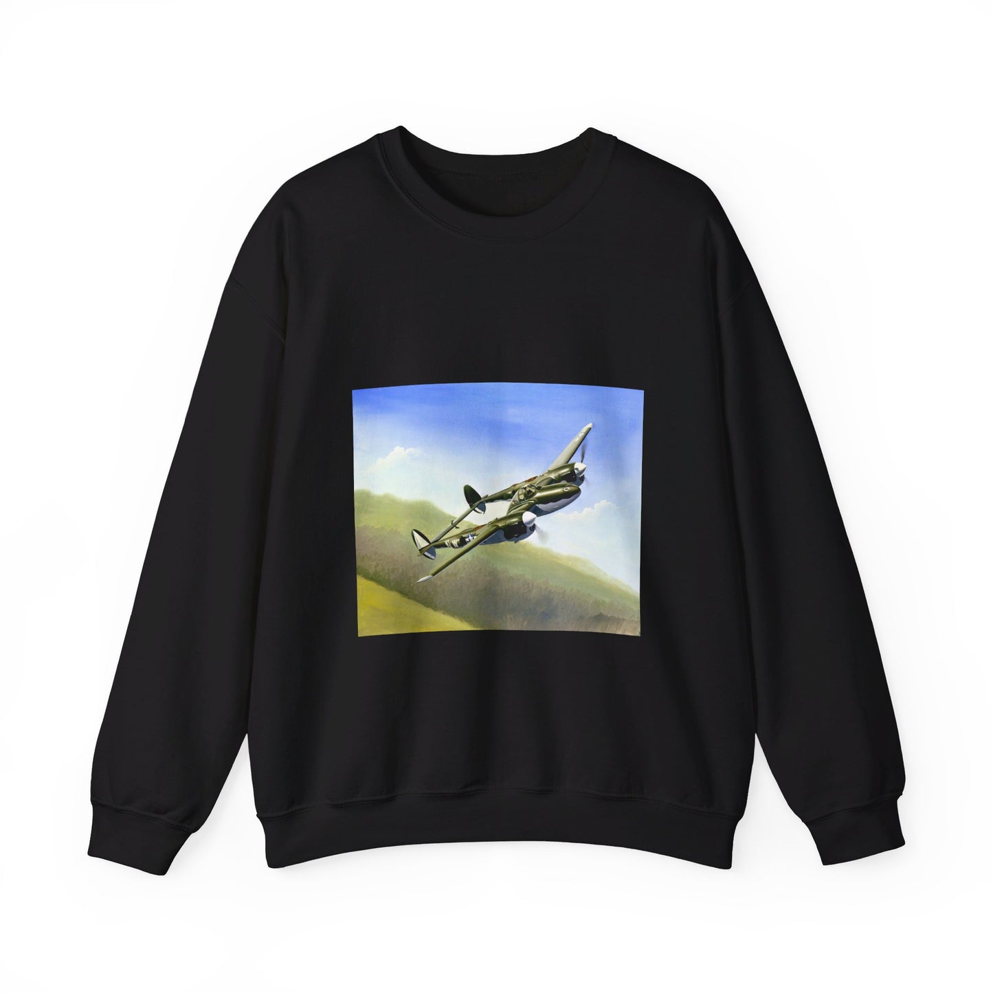 Artwork: "P-38 Lightning Artist: Dick Kramer (US Air Force Art Collection) Black Heavy Blend Adult Crew Neck SweatShirt