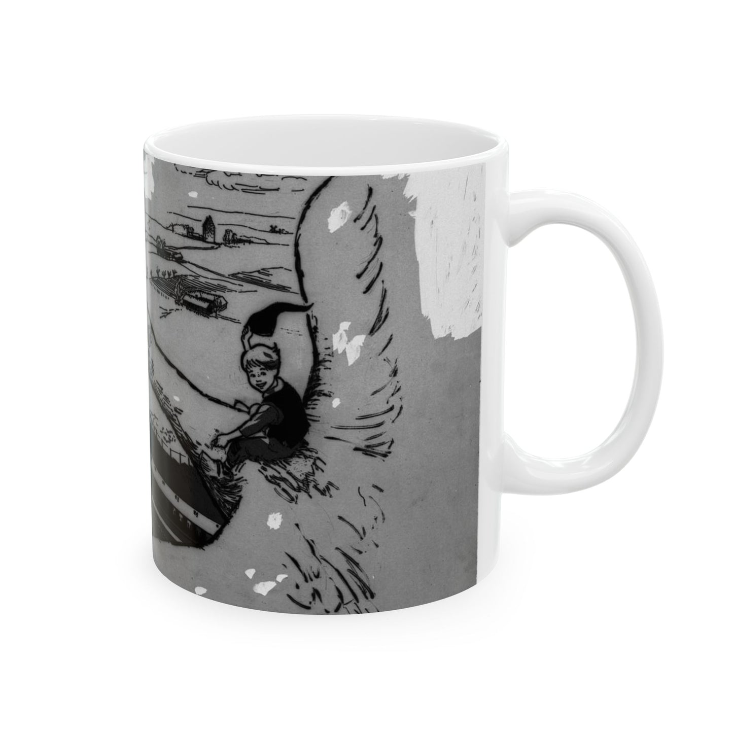 Nils Holgersson-teckning. Nils Holgersson turen.(flygperspektiv med tåg och gårdar, Skåne-slätten) Beautiful Novelty Ceramic Coffee Mug 11oz