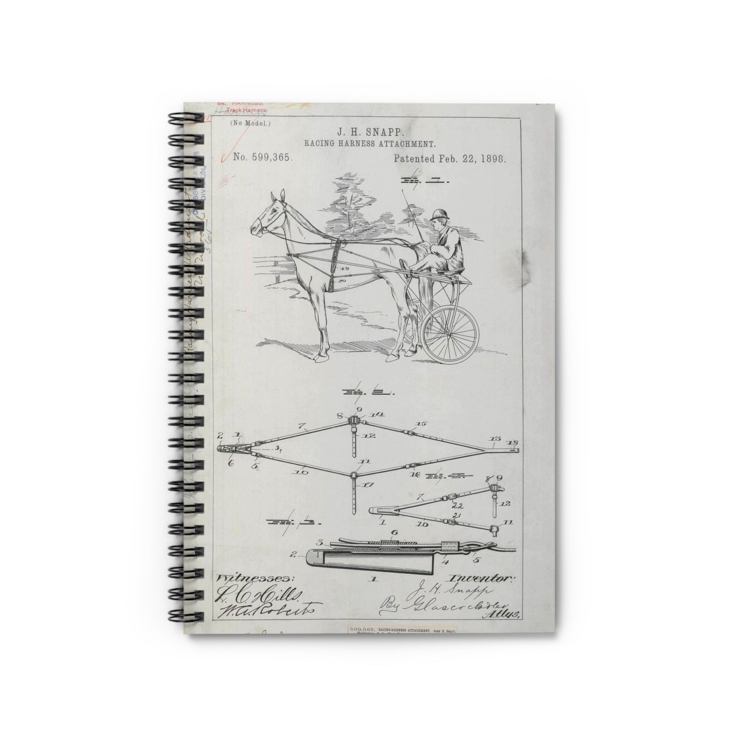 Patent drawing - for J. H. Snapp's Racing Harness Attachment Public domain  image Spiral Bound Ruled Notebook with Printed Cover