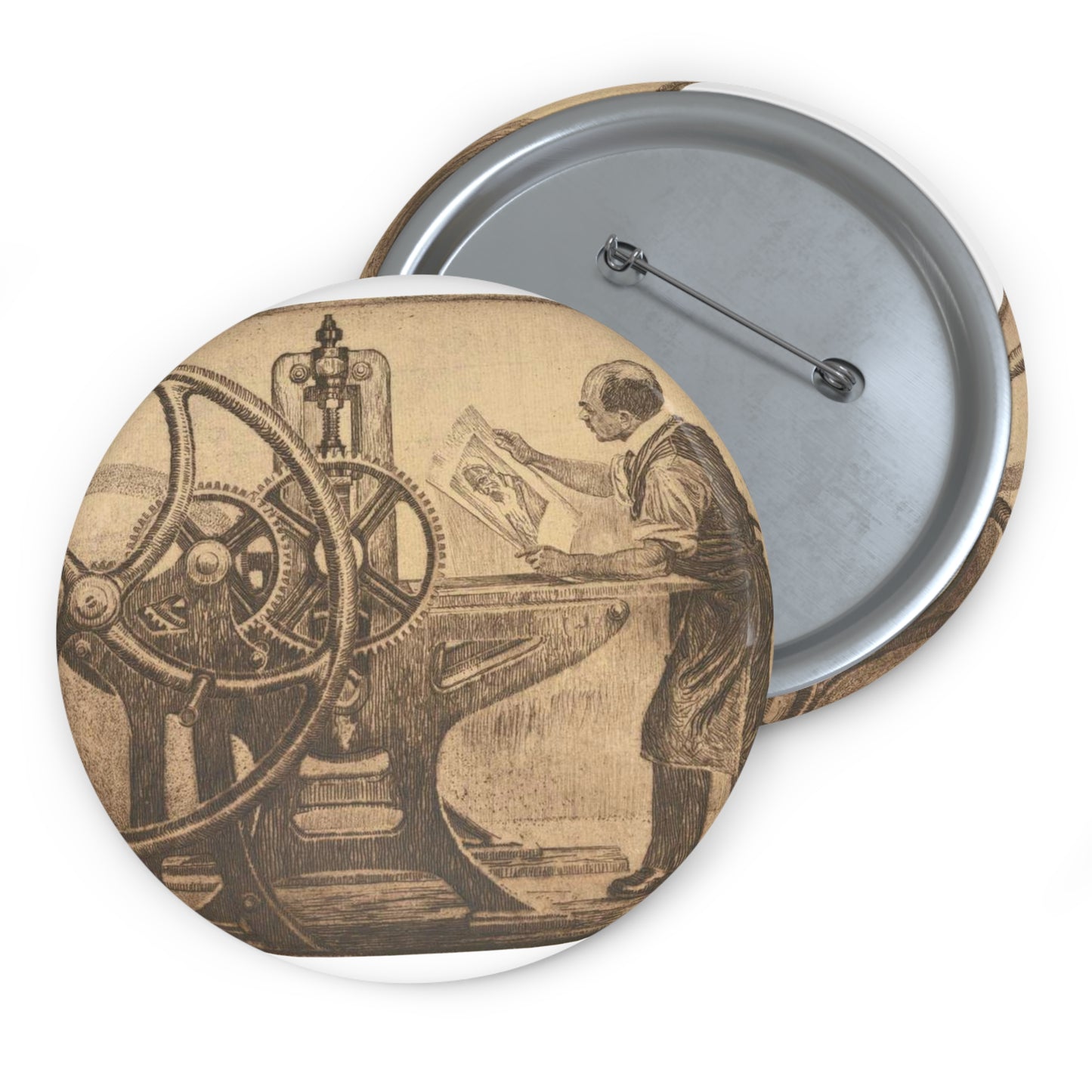 Lilien Printing press - Public domain portrait print Pin Buttons with Crisp Design