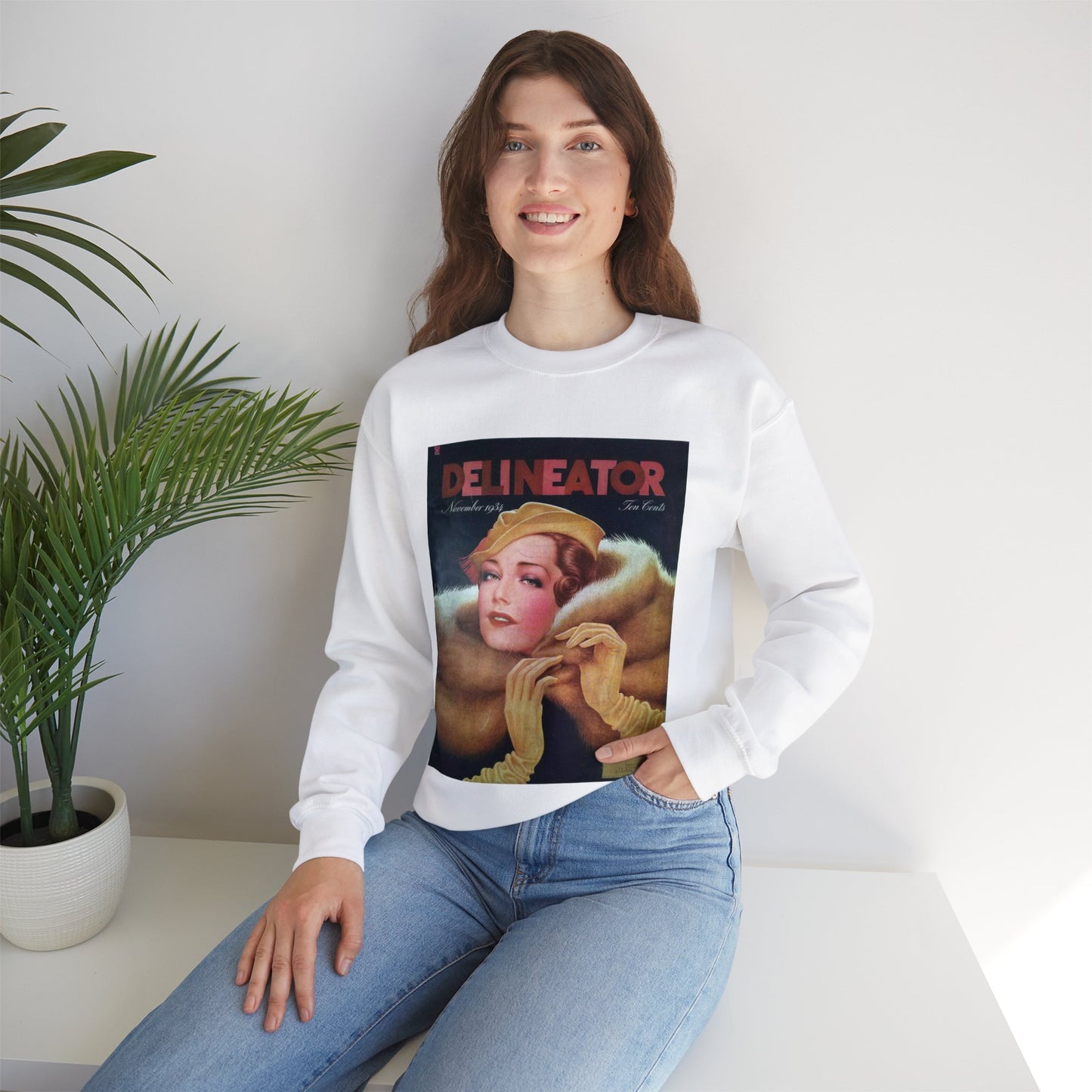 Delineator 1934-11 - Art Deco public domain image White Heavy Blend Adult Crew Neck SweatShirt