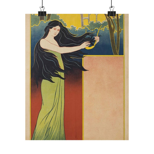 A painting of a woman with long black hair. Vintage art deco, beauty fashion. High Quality Matte Wall Art Poster for Home, Office, Classroom