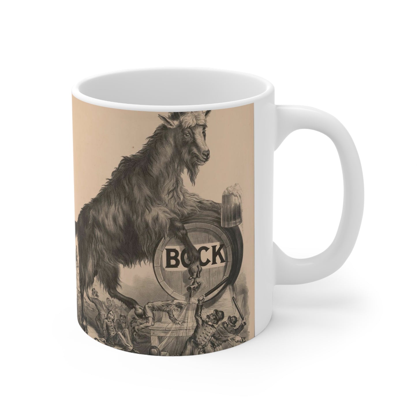 Giant bock goat resting on a keg, holding a mug of beer, men under the goat scrambling Beautiful Novelty Ceramic Coffee Mug 11oz