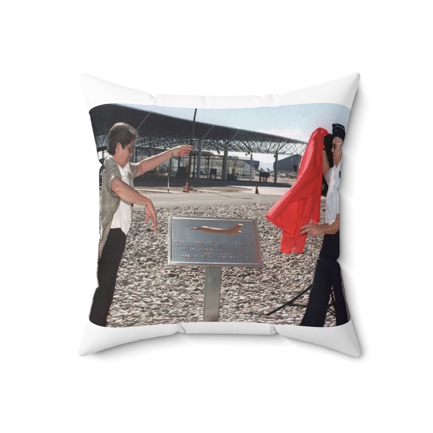 In memory of US Air Force MASTER Sergeant Jamie Solomon, US Air Force Brigadier General Mensching and Mrs. Solomon unveil the dedication of the new POL facilities in Tucson, Arizona Decorative Accent Square Pillow