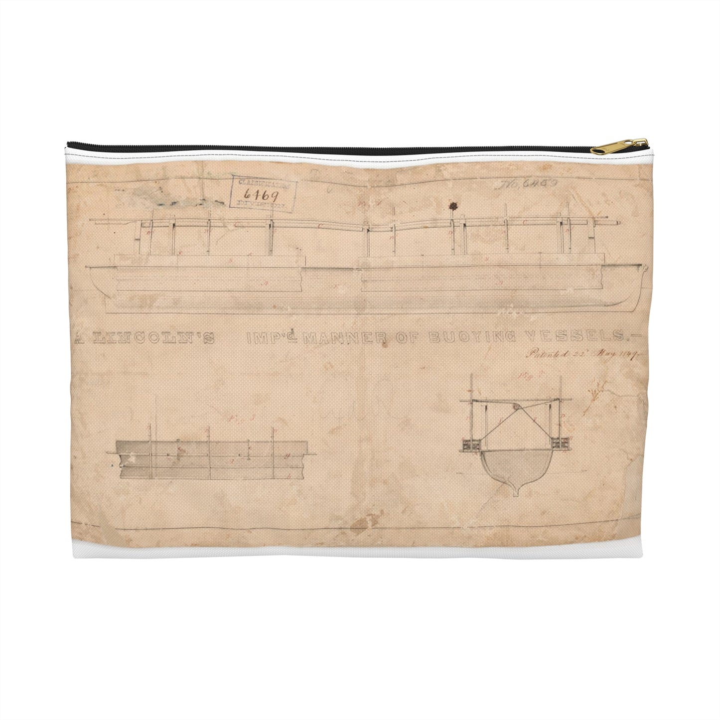 Patent drawing - Abraham Lincoln's  for Improved Manner of Buoying Vessels Public domain  image Large Organizer Pouch with Black Zipper