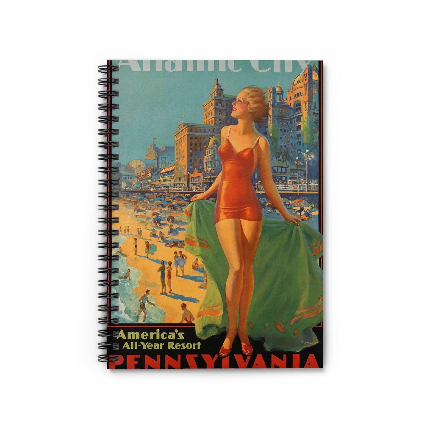 Atlantic City— America’s All-Year Resort, Pennsylvania Railroad, painting by Edward Mason Eggleston Spiral Bound Ruled Notebook with Printed Cover