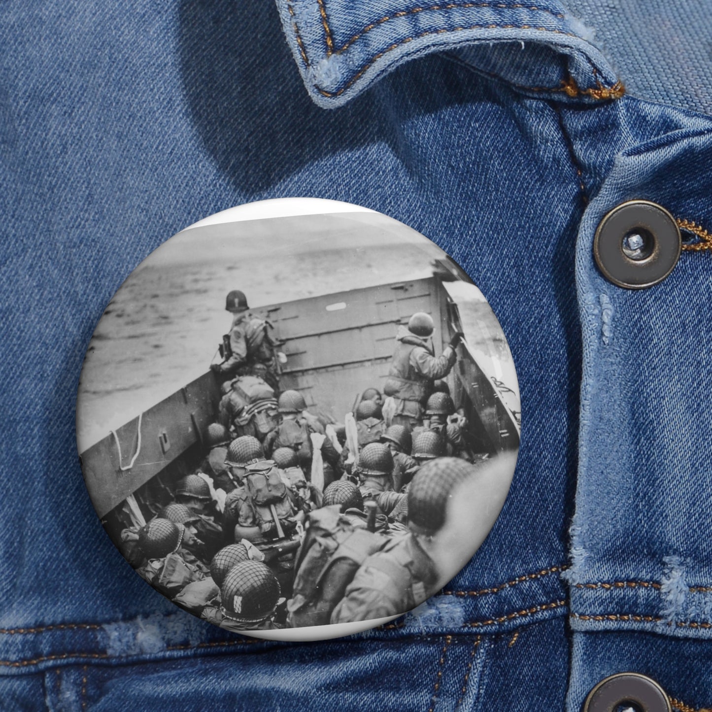 Photograph of Soldiers Crouching Behind the Bulwarks of a Coast Guard Landing Barge Pin Buttons with Crisp Design