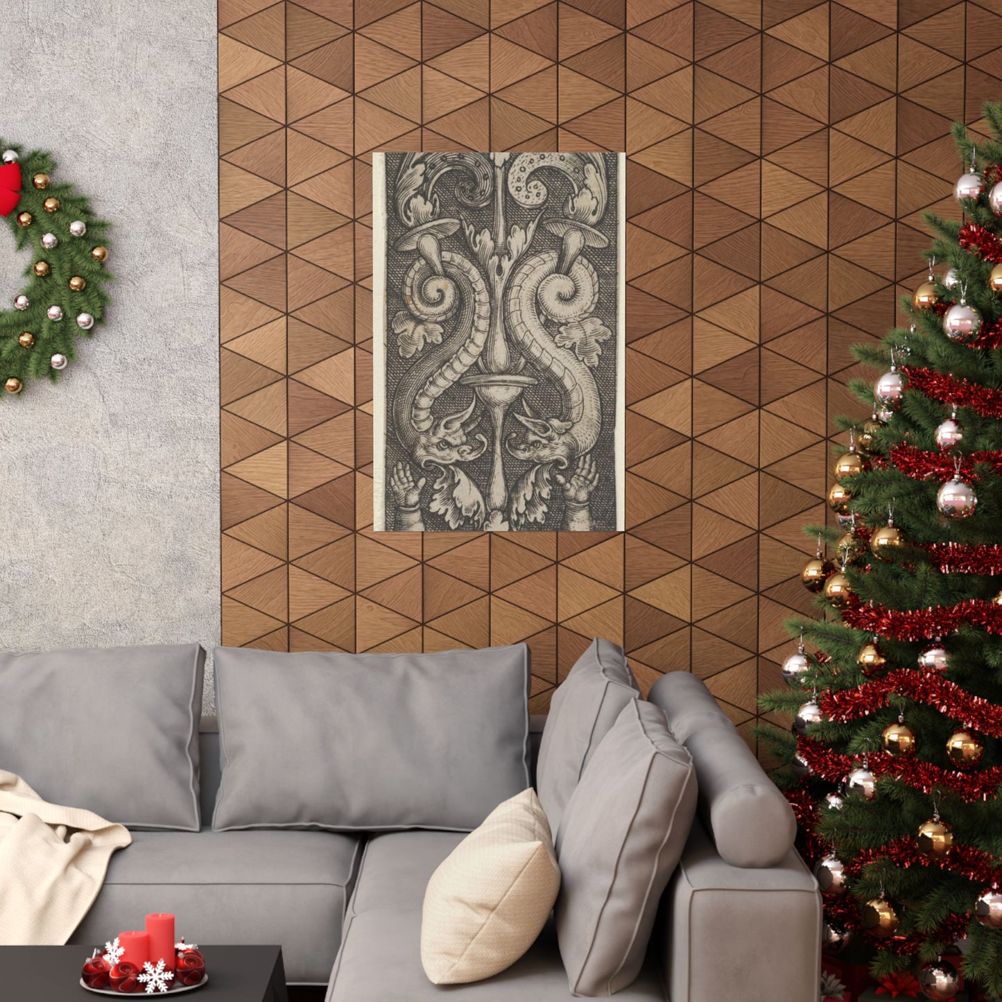 Vertical Panel with a Candelabrum Stemming from a Leaf-Faced Grostesque at Bottom High Quality Matte Wall Art Poster for Home, Office, Classroom