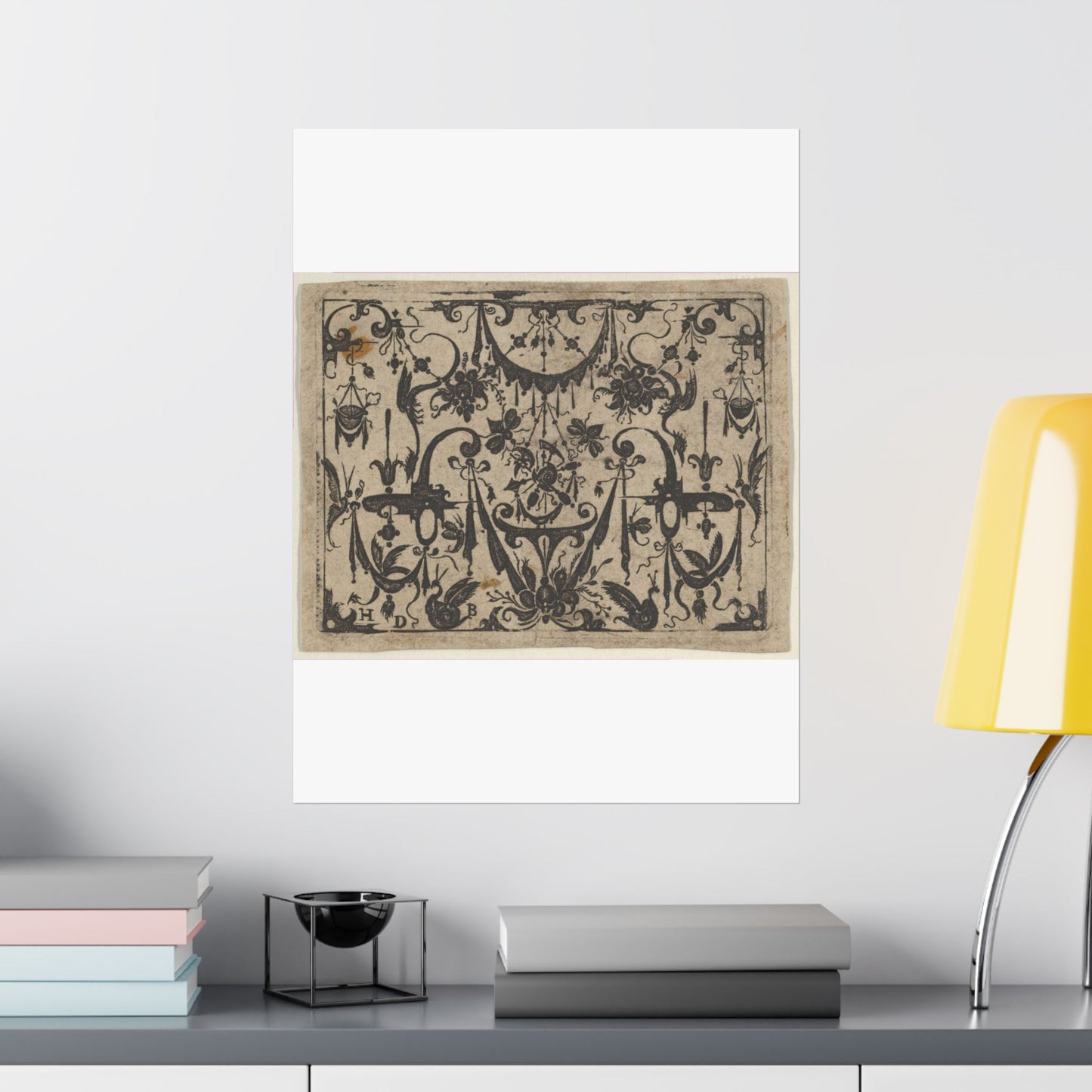 Blackwork Print with a Trophy at Center Surrounded by Grotesques and Swag Drapery High Quality Matte Wall Art Poster for Home, Office, Classroom