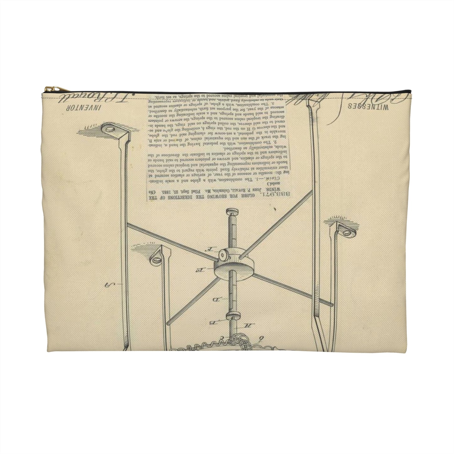 Patent Drawing of Engine - Drawing of a Globe for Showing Direction of the Winds Public domain  image Large Organizer Pouch with Black Zipper