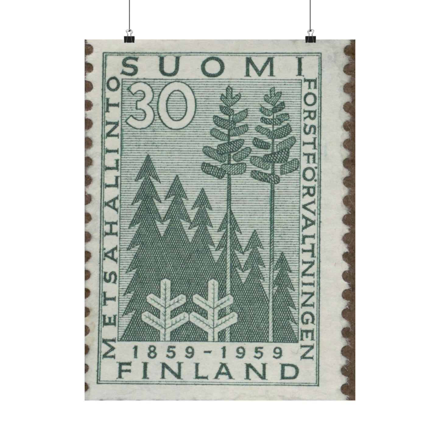 Frimärke ur Gösta Bodmans filatelistiska motivsamling, påbörjad 1950.Frimärke från Finland, 1959. Motiv av stiliserad gran och tall. "Forstförvaltningen 100 år: 1859-1959". High Quality Matte Wall Art Poster for Home, Office, Classroom