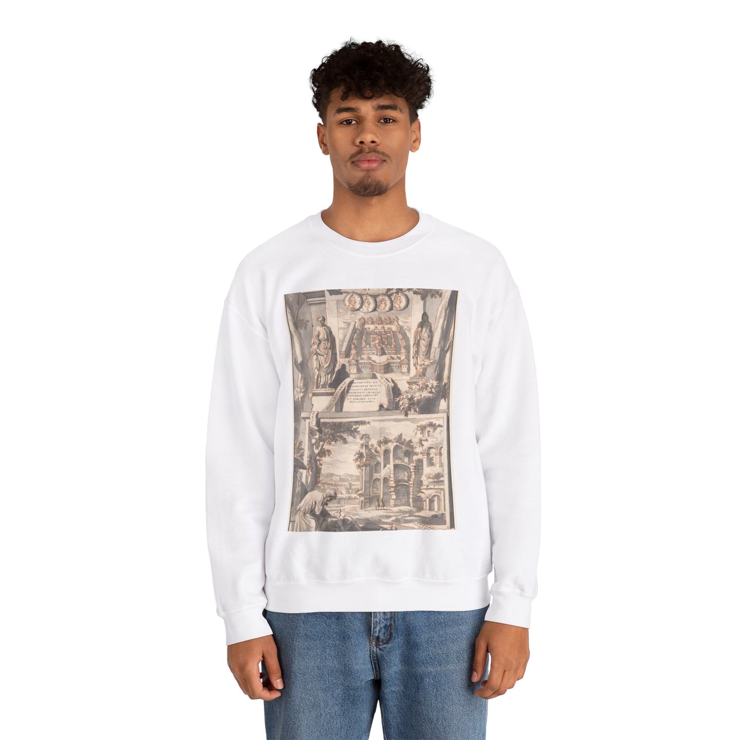 A Reconstruction of the Thermae of Diocletian (above) and a View of the Ruins (below) White Heavy Blend Adult Crew Neck SweatShirt