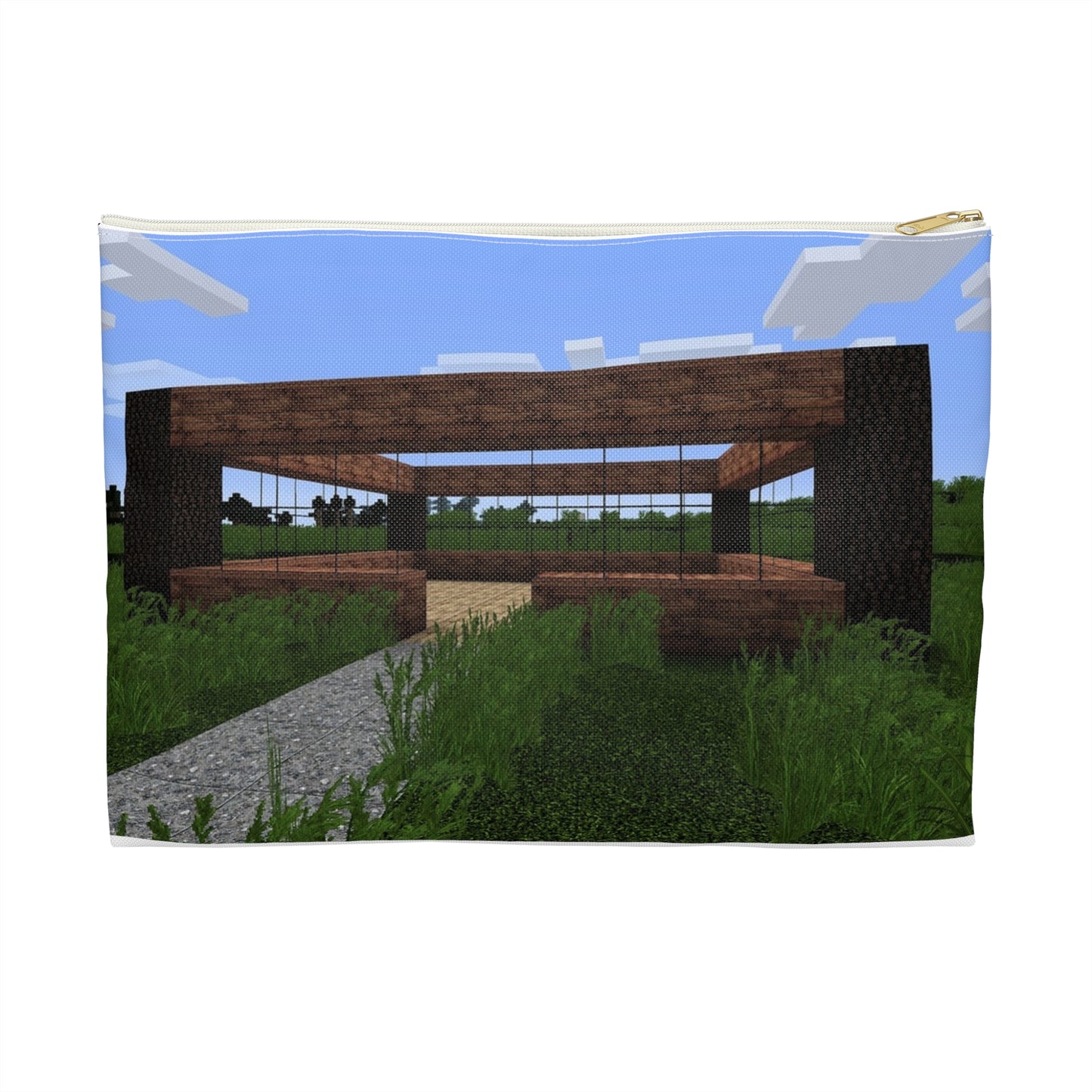 A bench in the middle of a field. Minecraft video game sky. Large Organizer Pouch with Black Zipper