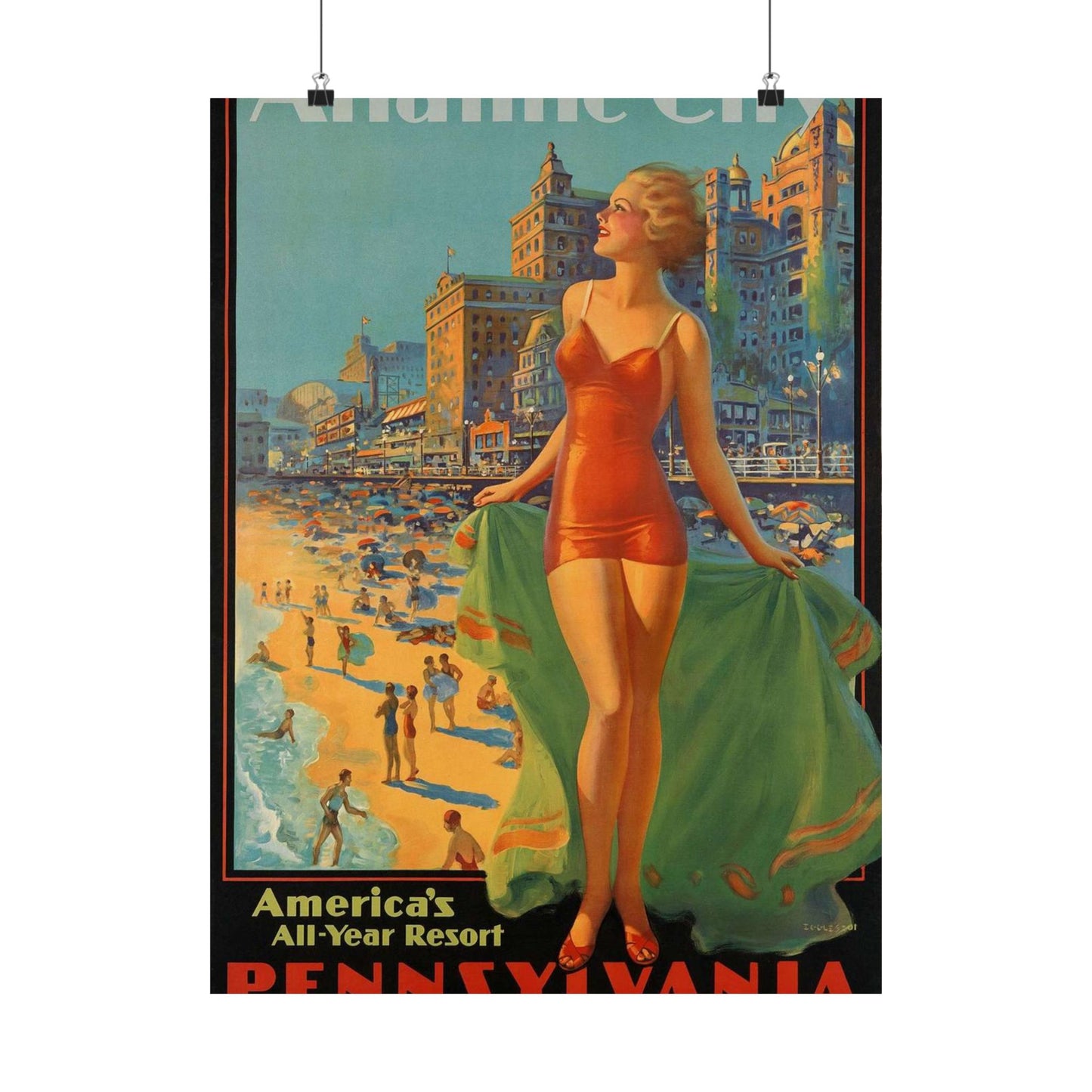 Atlantic City— America’s All-Year Resort, Pennsylvania Railroad, painting by Edward Mason Eggleston High Quality Matte Wall Art Poster for Home, Office, Classroom