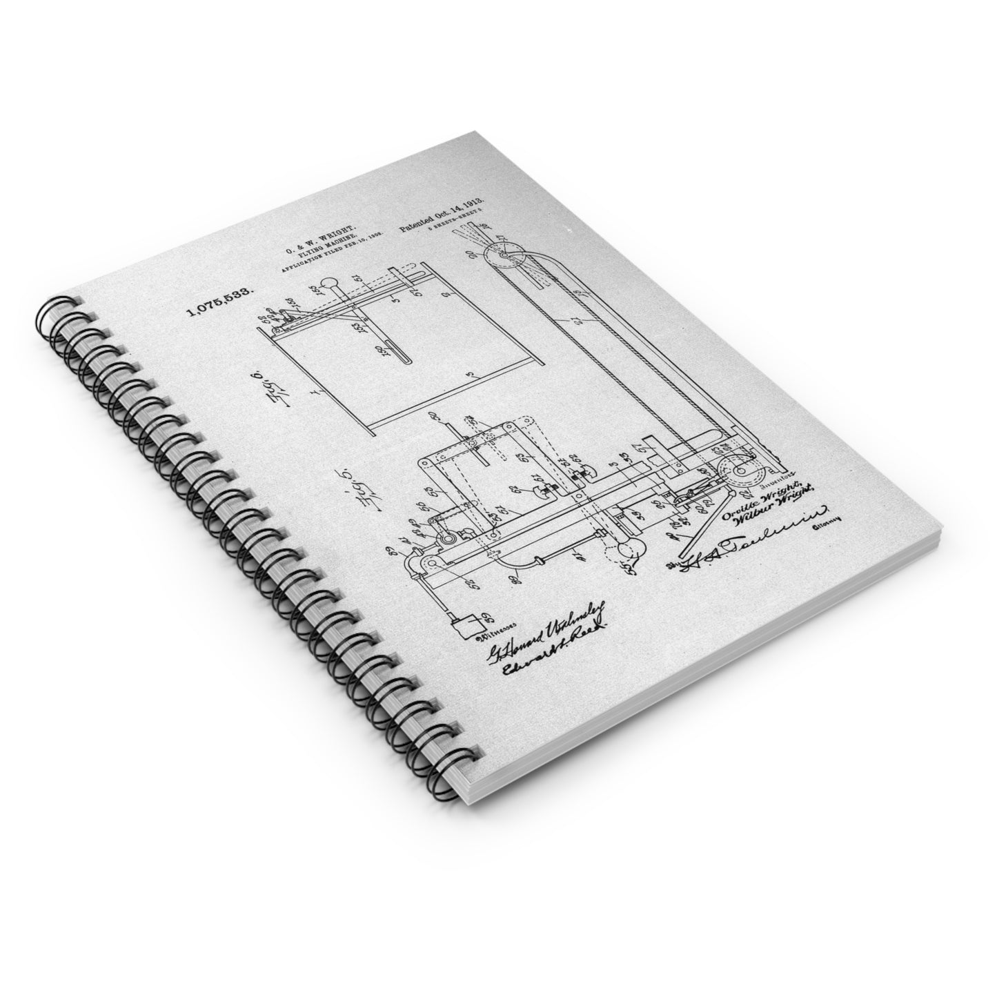 Patent drawing - Subject File: Patents--By Wright Brothers--USA--filed 10 February 1908, patented 14 October 1913 Public domain  image Spiral Bound Ruled Notebook with Printed Cover