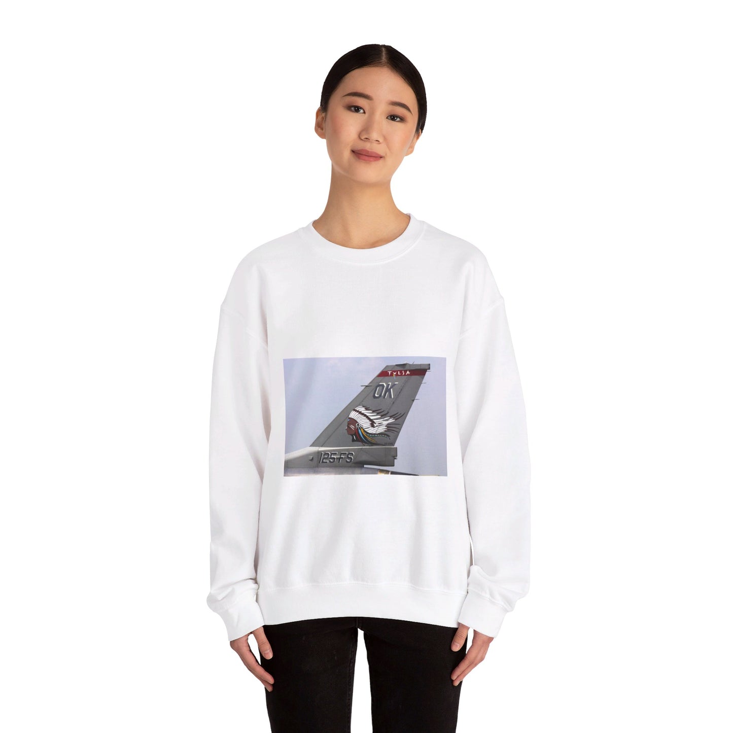 The tail flash of a F-16 Fighting Falcon aircraft from the 125th Fighter Squadron (FS), 138th Fighter Wing (FW), Oklahoma (OK), Air National Guard (ANG) White Heavy Blend Adult Crew Neck SweatShirt