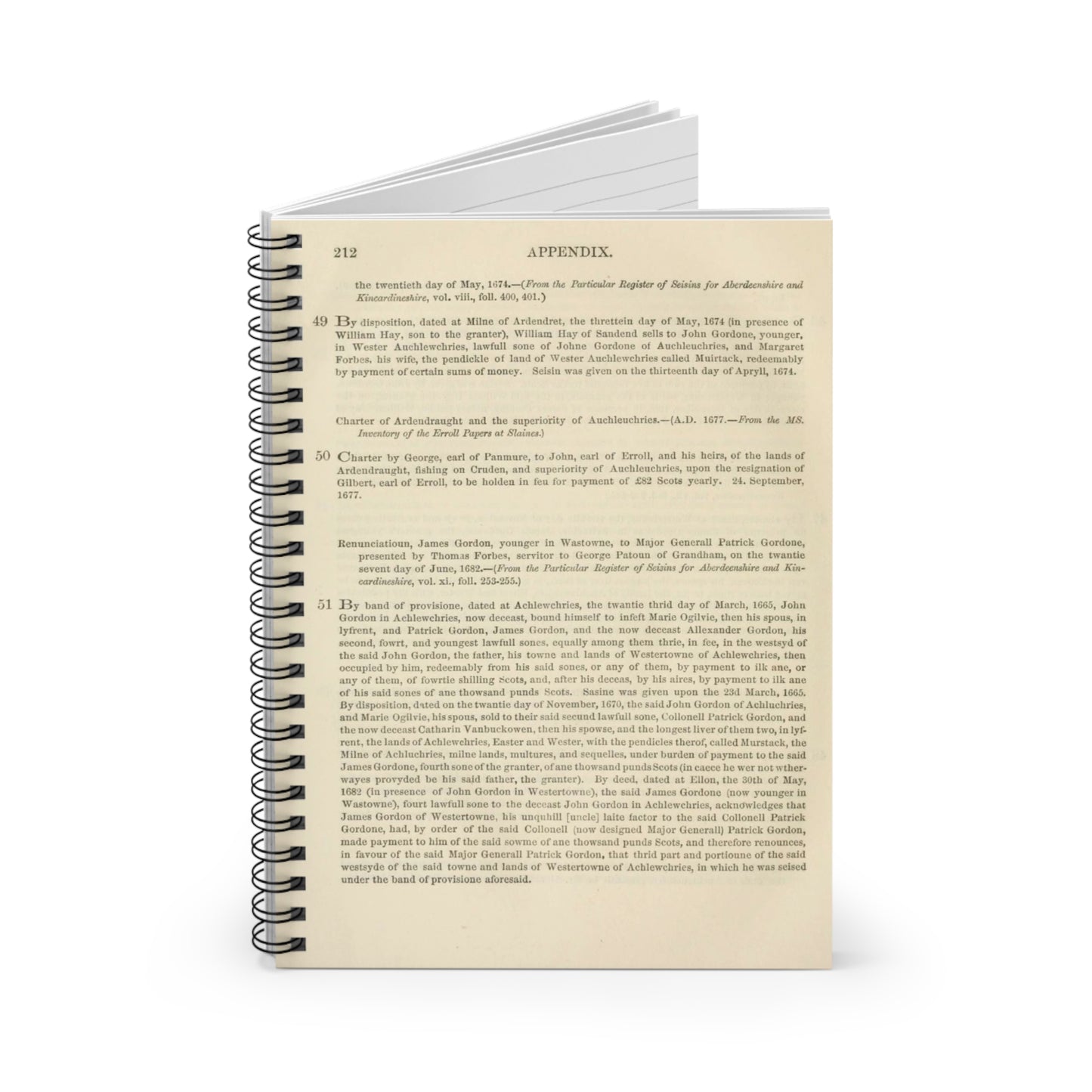 212 APPENDIX.   the twentieth day of May, 1674. — {From the Particular Register of Seisins for Aberdeenshire and  Kincardineshire Spiral Bound Ruled Notebook with Printed Cover