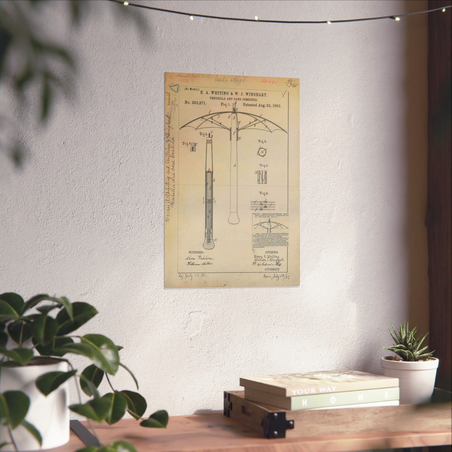 Patent drawing - for H. A. Whiting and W. J. Winghart's Umbrella and Cane Combined Public domain  image High Quality Matte Wall Art Poster for Home, Office, Classroom