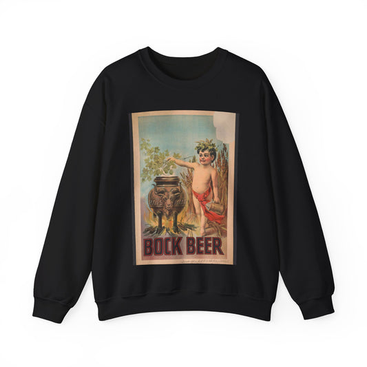 Bock beer boy standing to the right of a vat, which is inscribed hops malt, holding hops over the vat Black Heavy Blend Adult Crew Neck SweatShirt