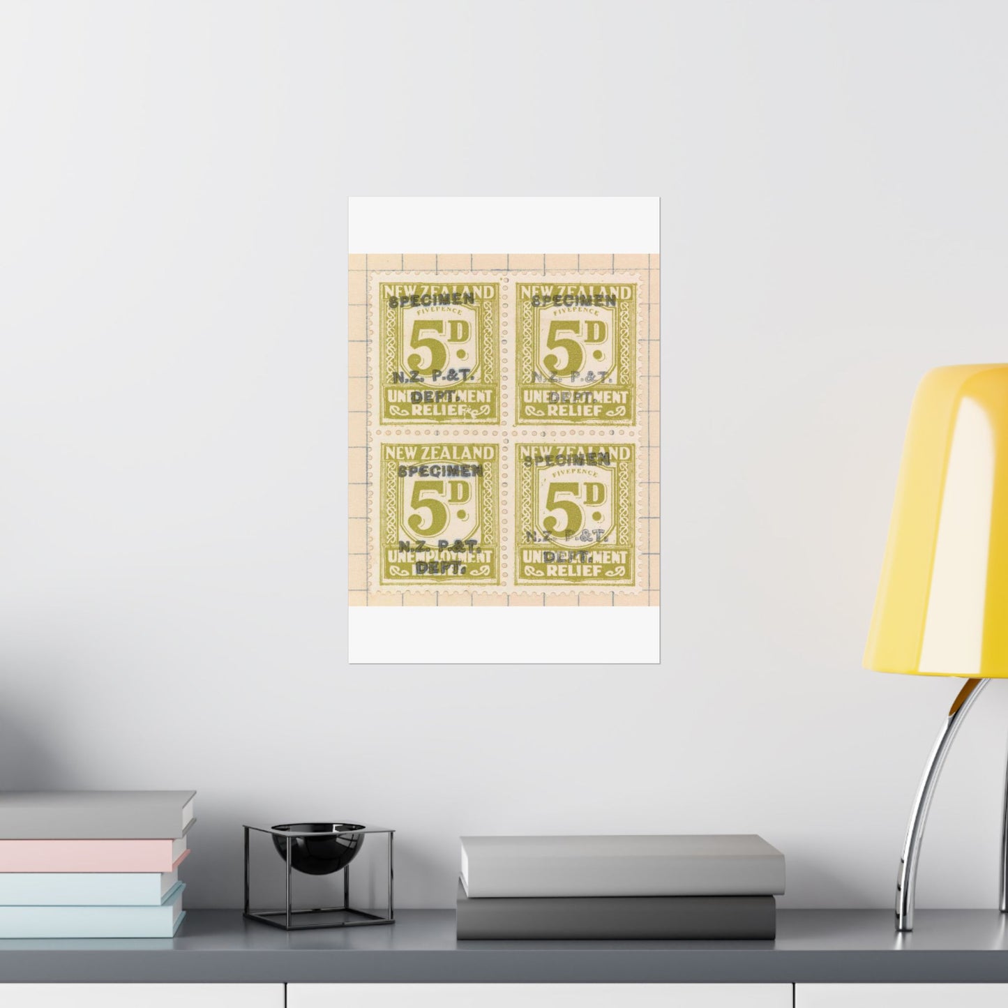 Block of five penny Unemployment Relief stamps overprinted 'Specimen' High Quality Matte Wall Art Poster for Home, Office, Classroom