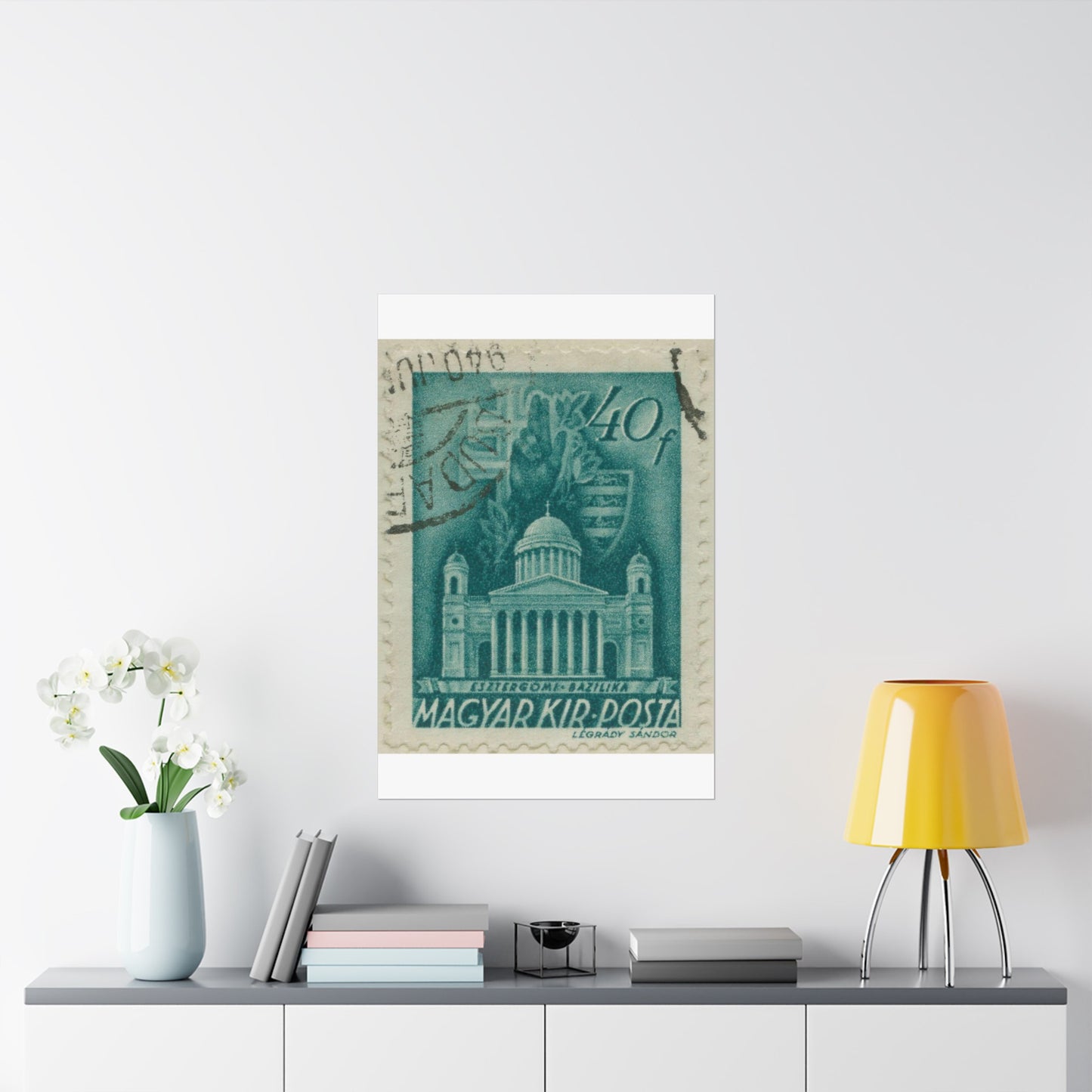 Frimärke ur Gösta Bodmans filatelistiska motivsamling, påbörjad 1950.Frimärke från Ungern, 1939. Motiv av Basilikan i Eszergom. High Quality Matte Wall Art Poster for Home, Office, Classroom