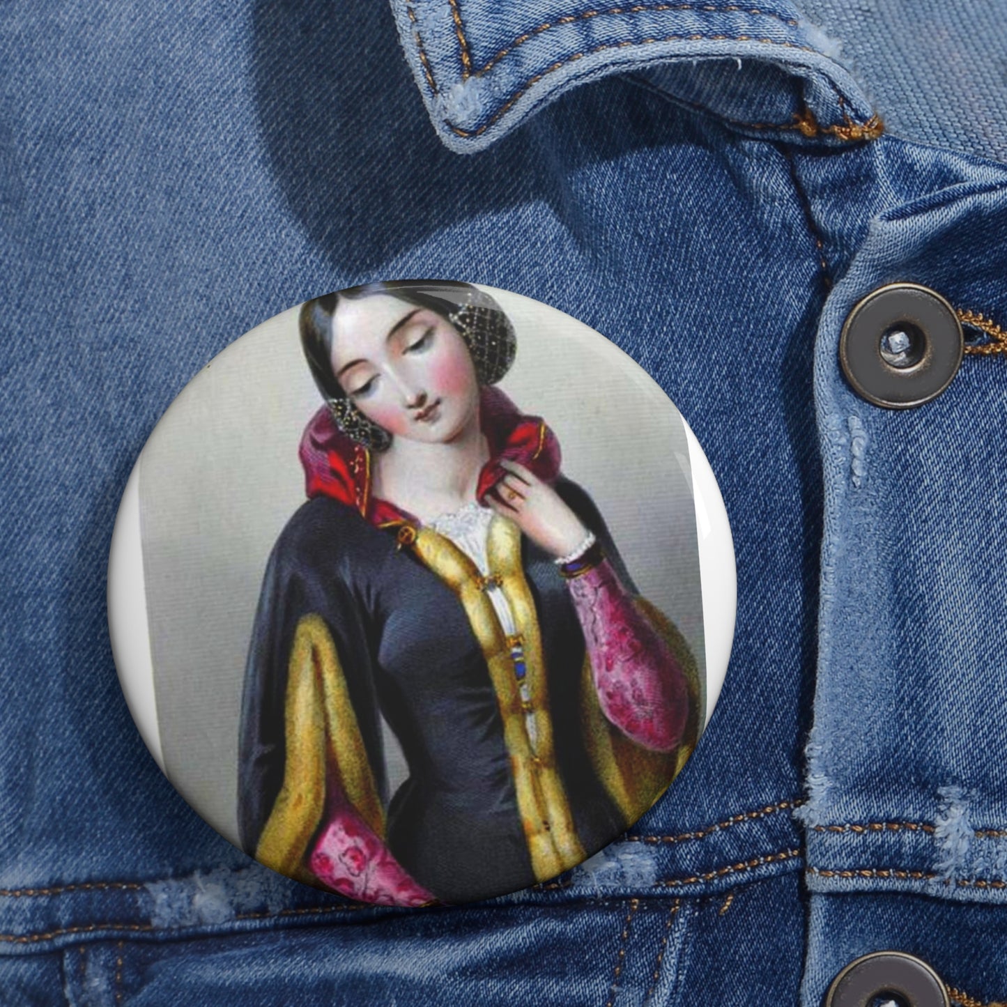 Ana Boemia - A painting of a woman in a black dress Pin Buttons with Crisp Design