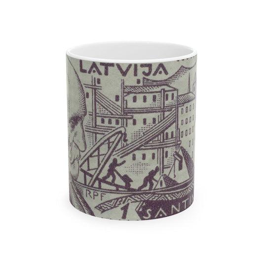 Frimärke ur Gösta Bodmans filatelistiska motivsamling, påbörjad 1950.Frimärke från Lettland, 1930. Motiv av byggnadsarbetare för ett monument över författare Rainis. Beautiful Novelty Ceramic Coffee Mug 11oz